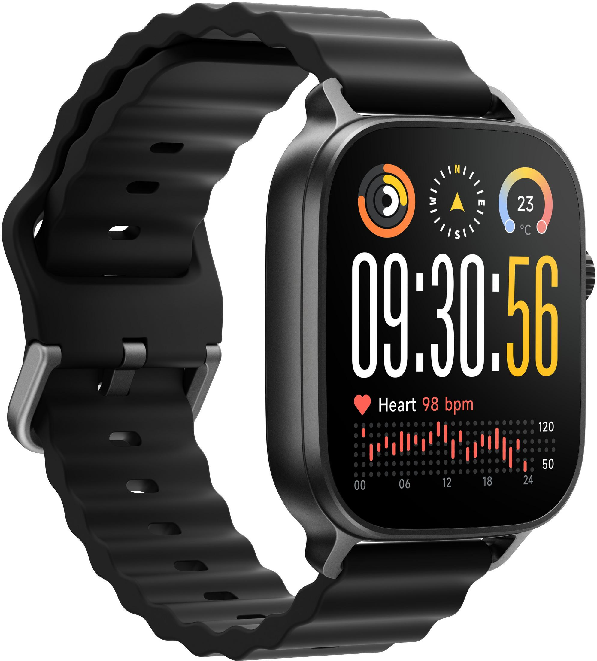 Schwarze Smartwatch mit digitaler Anzeige: Zeit 09:30:56, Herz 98 bpm, 23°C.