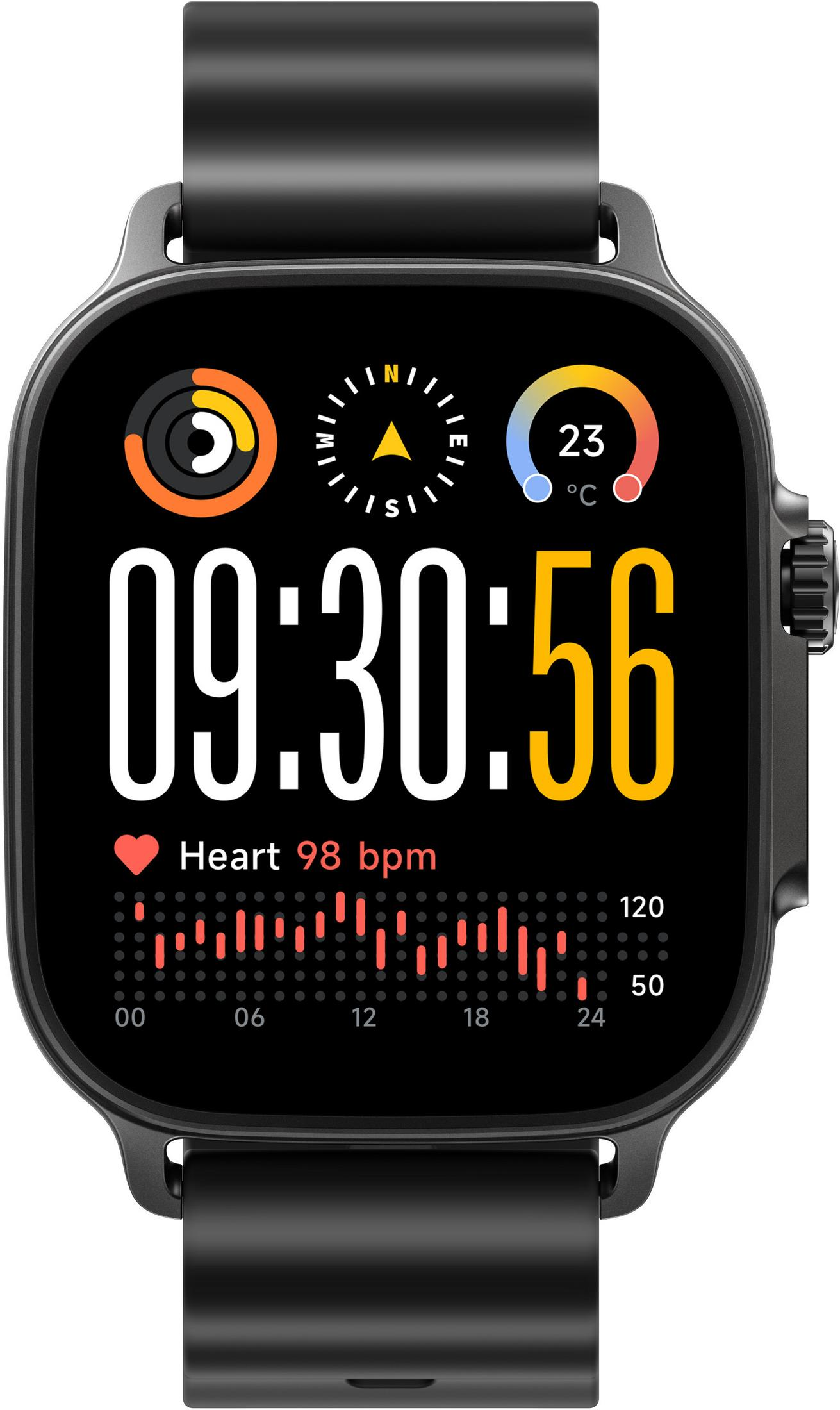Smartwatch zeigt Zeit 09:30:56, Herzfrequenz 98 bpm und 23°C.