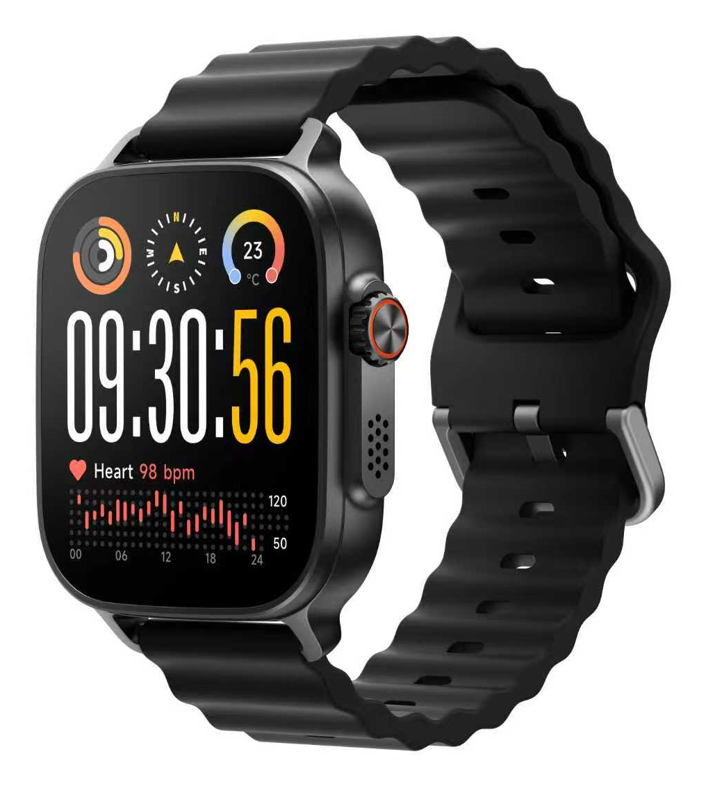 Schwarze Smartwatch mit digitaler Anzeige, Herzfrequenz und Temperatur.