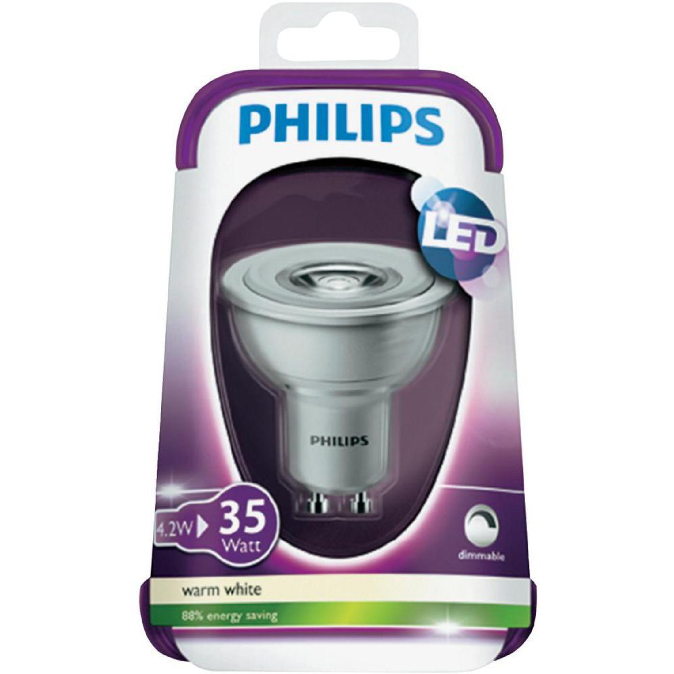 Bombilla LED Philips, 4,2W, reemplazo 35W, blanco cálido, regulable, ahorro energético.