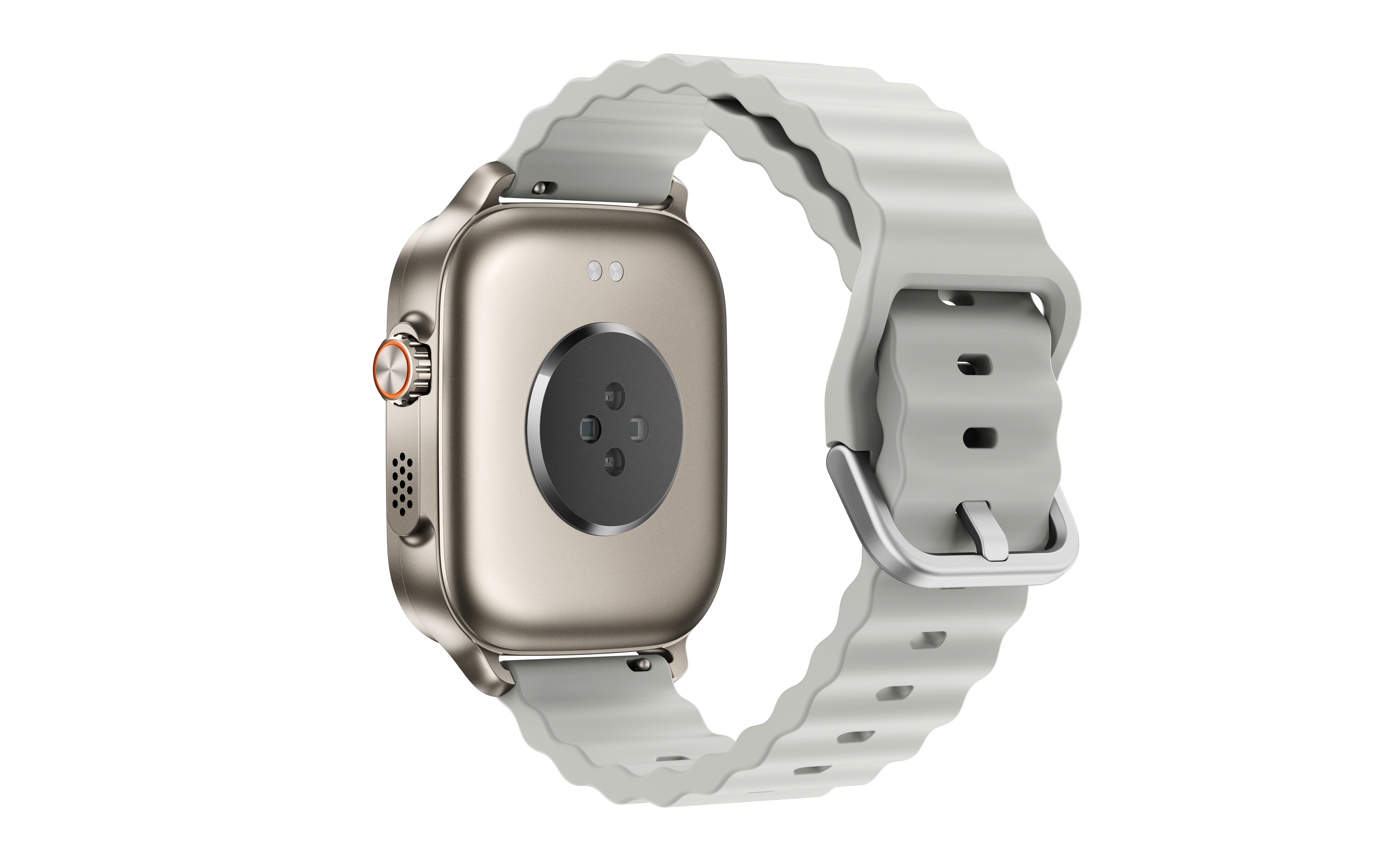 Rückseite einer goldenen Smartwatch mit weißem Armband und silberner Schnalle.