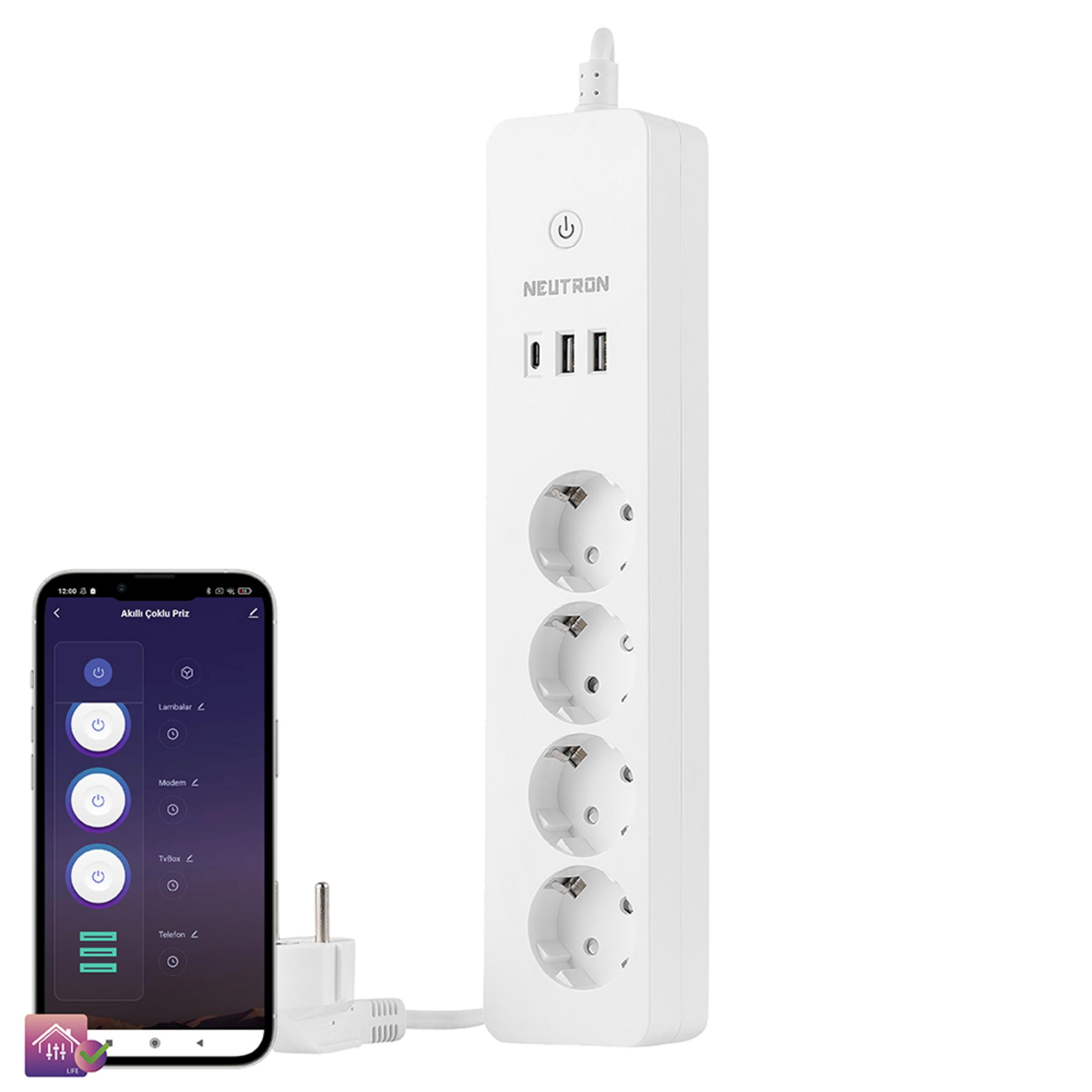 NEUTRON Akıllı Wi-fi Destekli 16a 4'lü Çocuk Kilitli Çoklu Akım Korumalı Priz