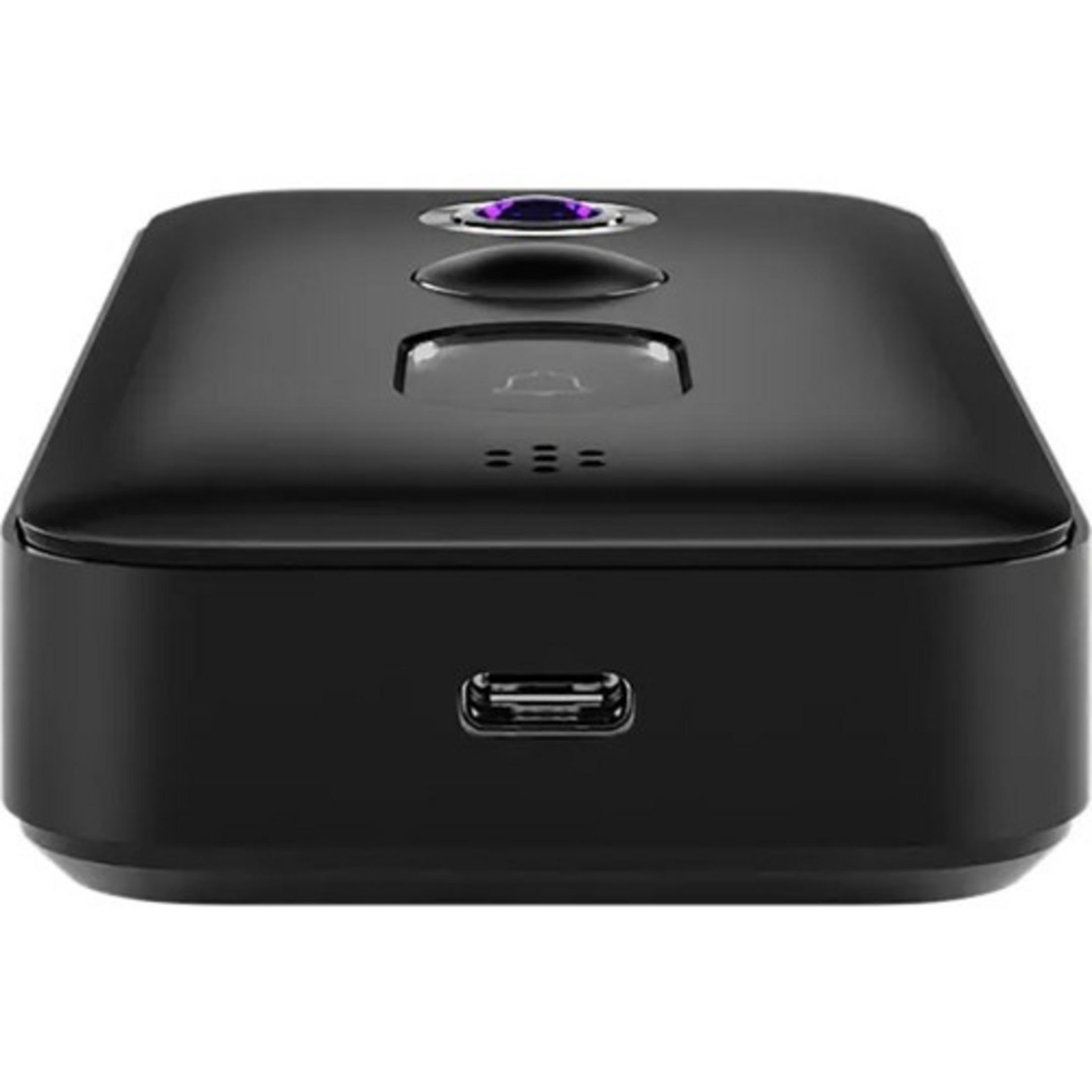 Czarny dzwonek do drzwi z fioletowym obiektywem i portem USB-C.