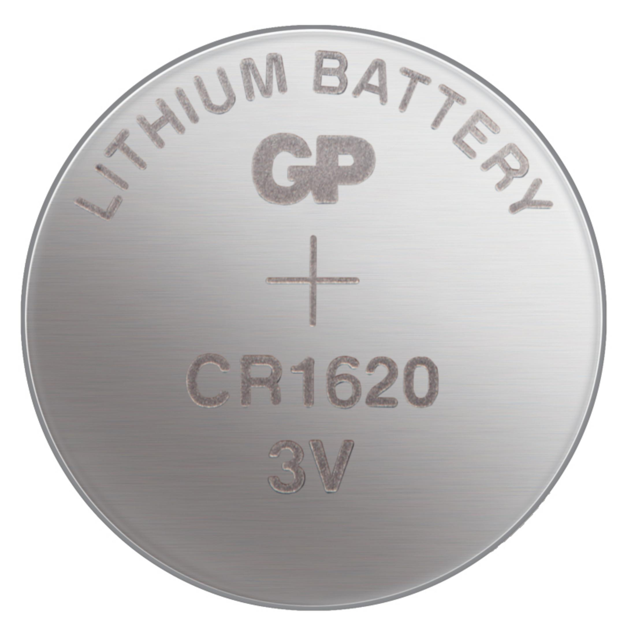 Zilveren knoopcelbatterij, GP CR1620 3V, met plusteken.
