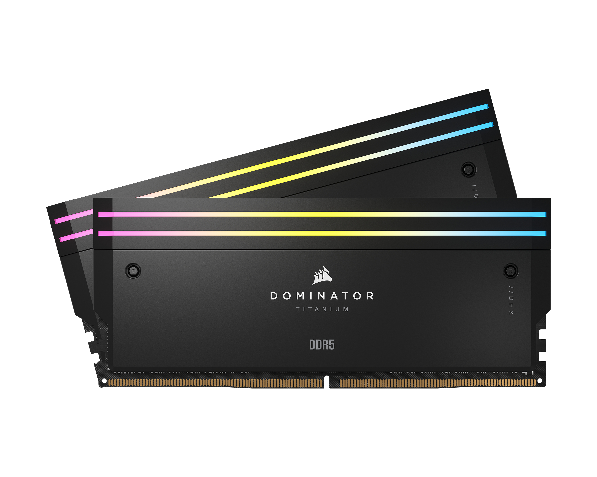 Dwa czarne moduły RAM DDR5 z podświetleniem RGB na białym tle.