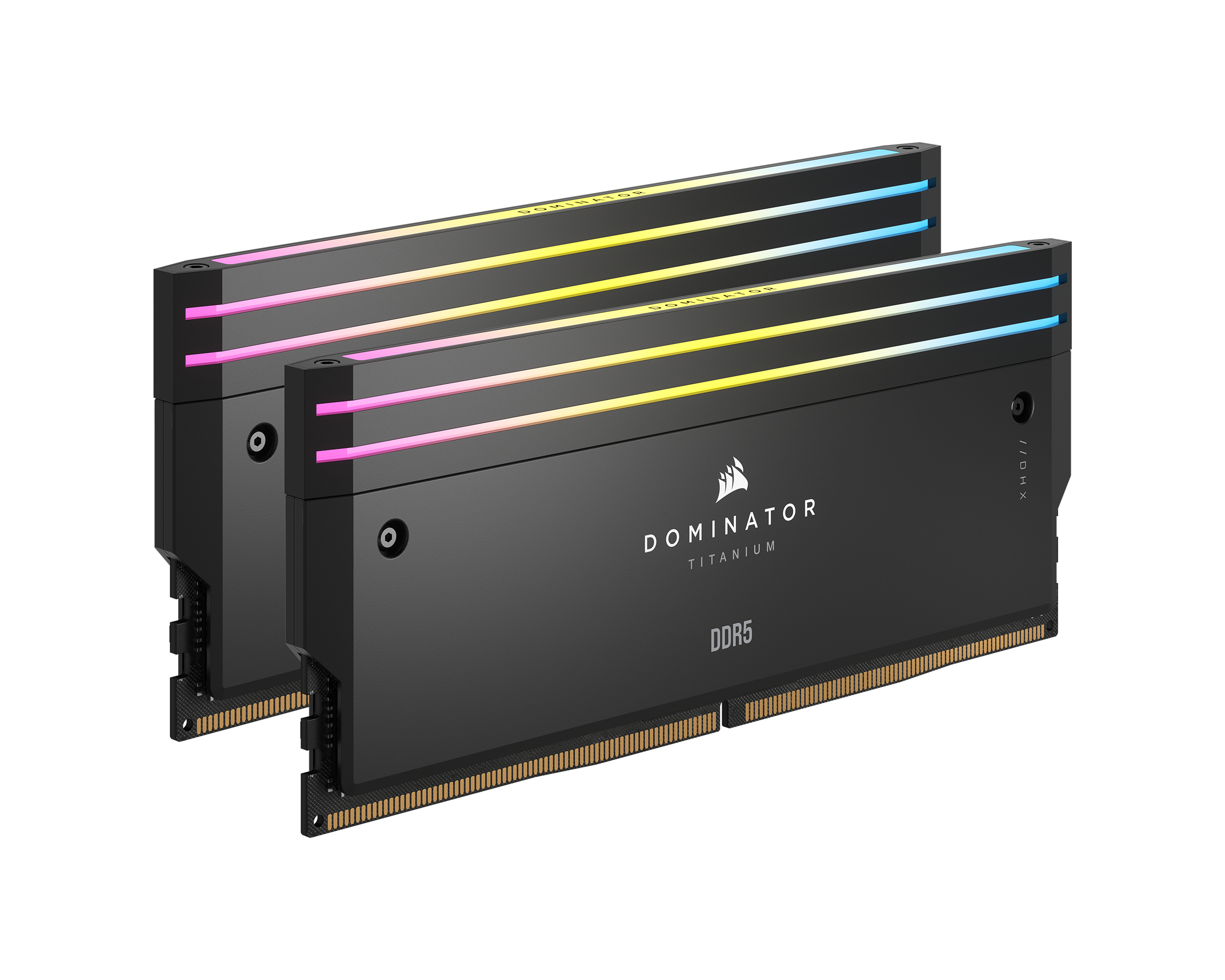 Dwa czarne moduły RAM DDR5 z podświetleniem RGB na białym tle.
