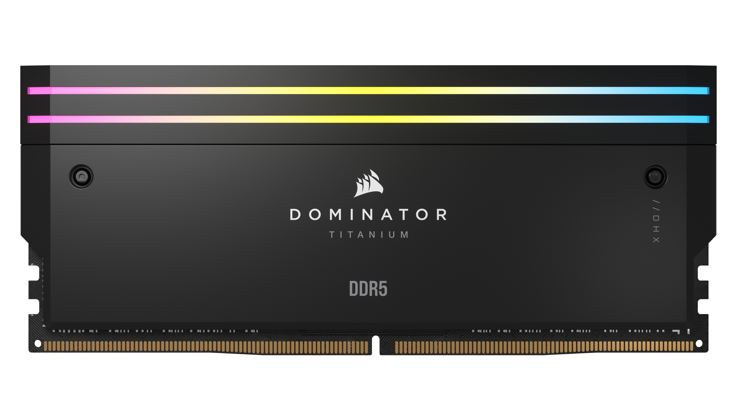 Czarny moduł RAM DDR5 z oświetleniem RGB u góry i logo Corsair.