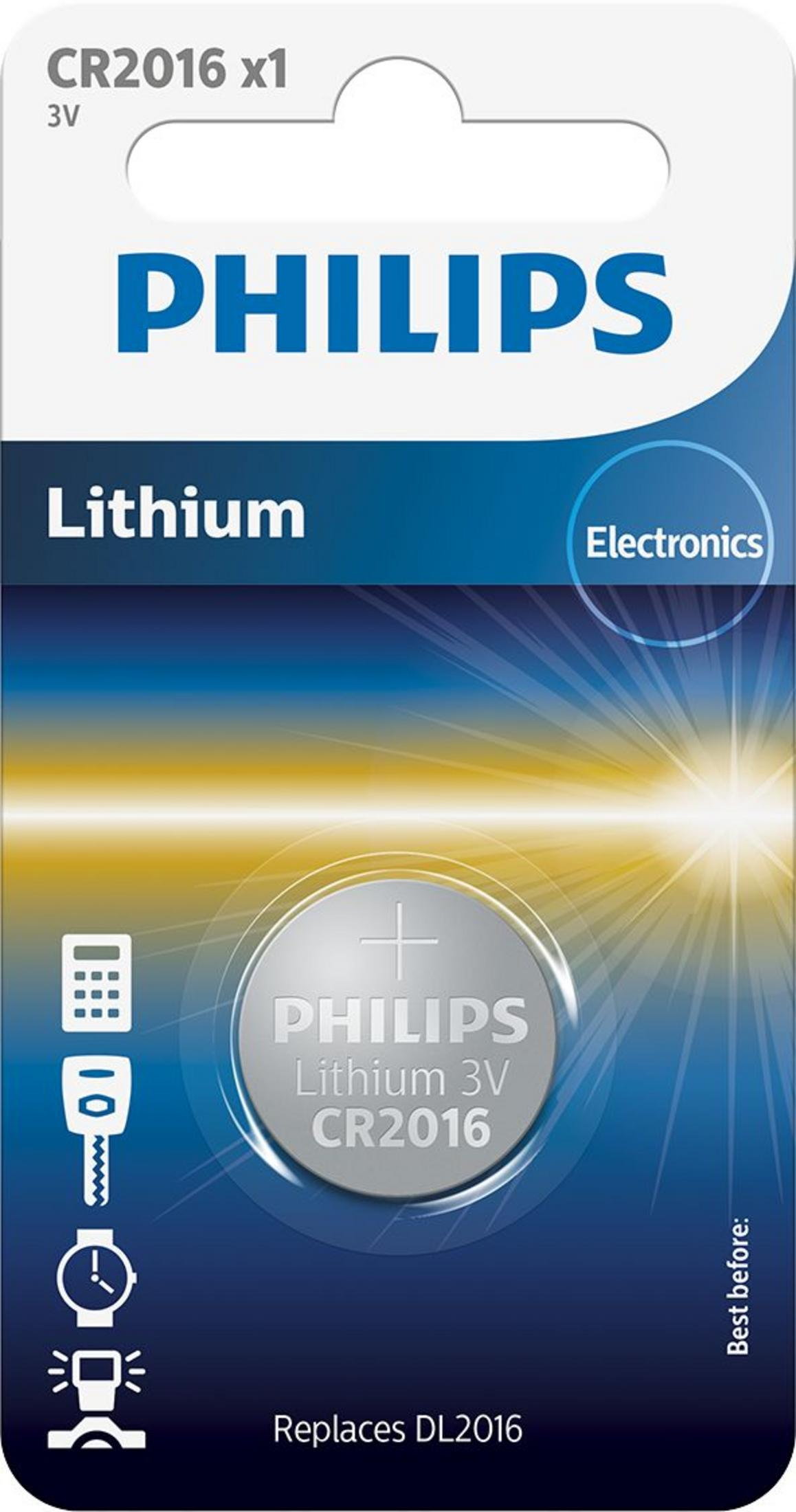 Bateria litowa Philips CR2016 (3V) z ikonami elektroniki, klucza, zegara i lampy.