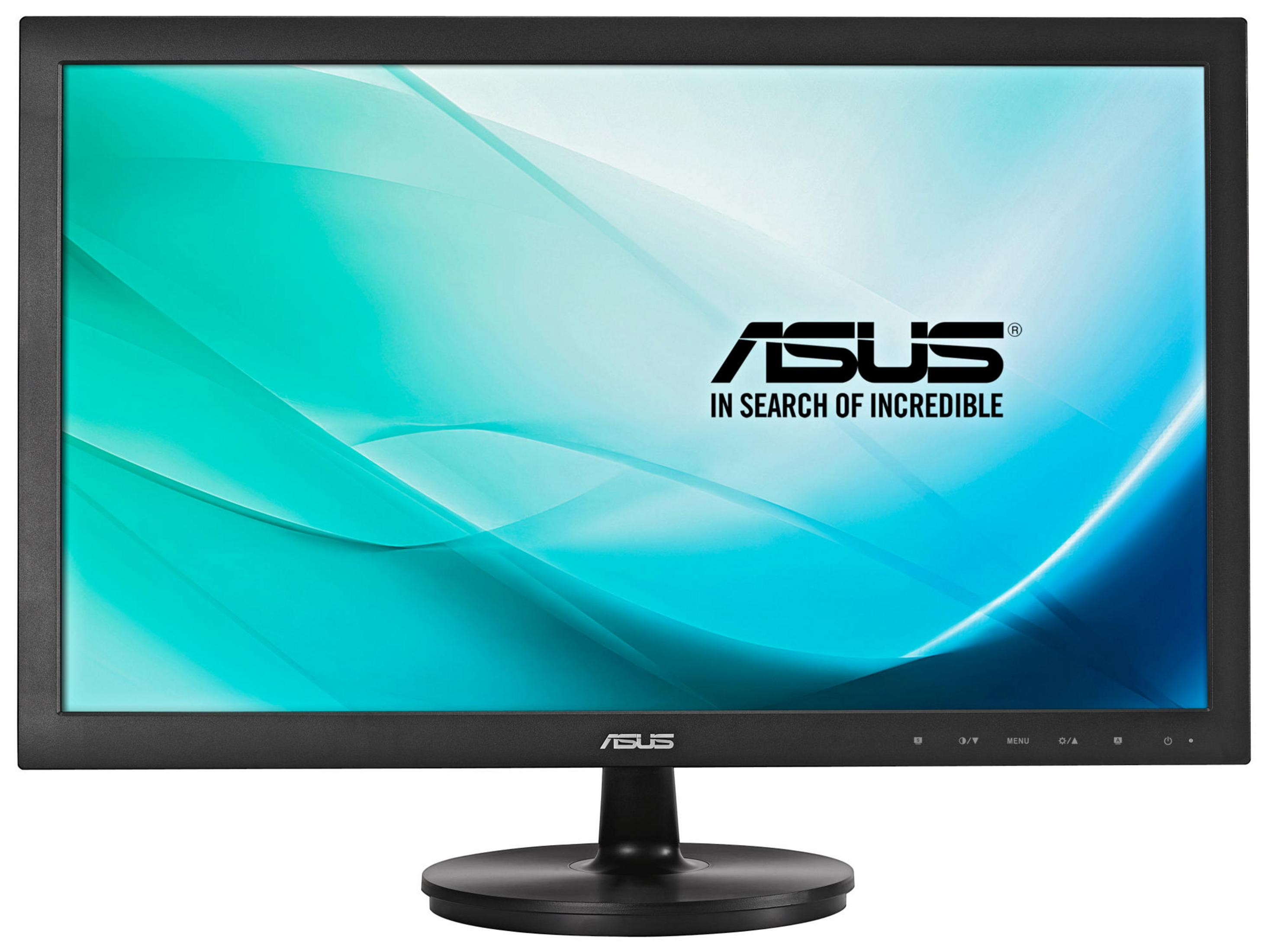 Un monitor ASUS nero con uno sfondo astratto blu e turchese.