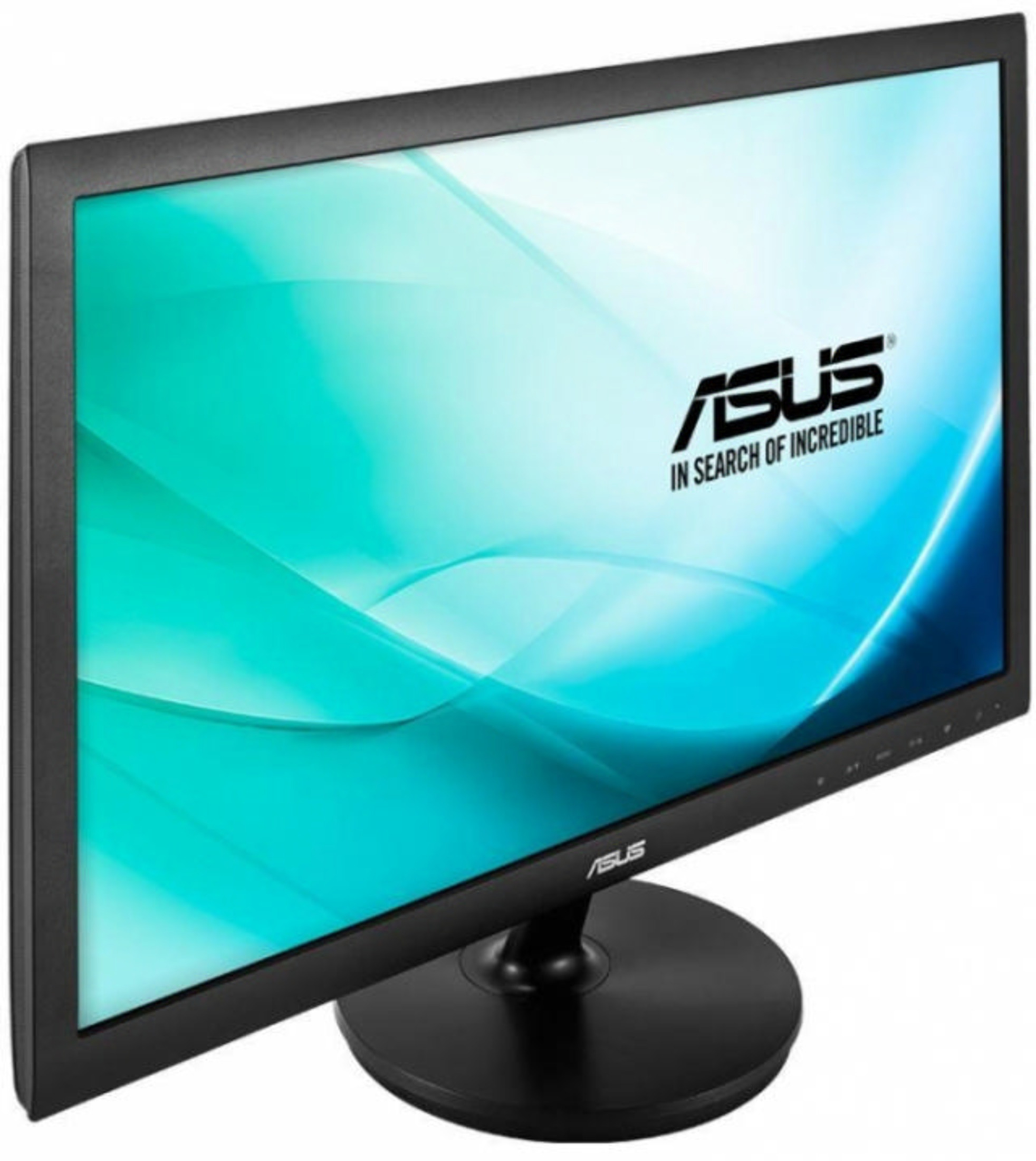 Un monitor Asus nero mostra un design ondulato blu e turchese.