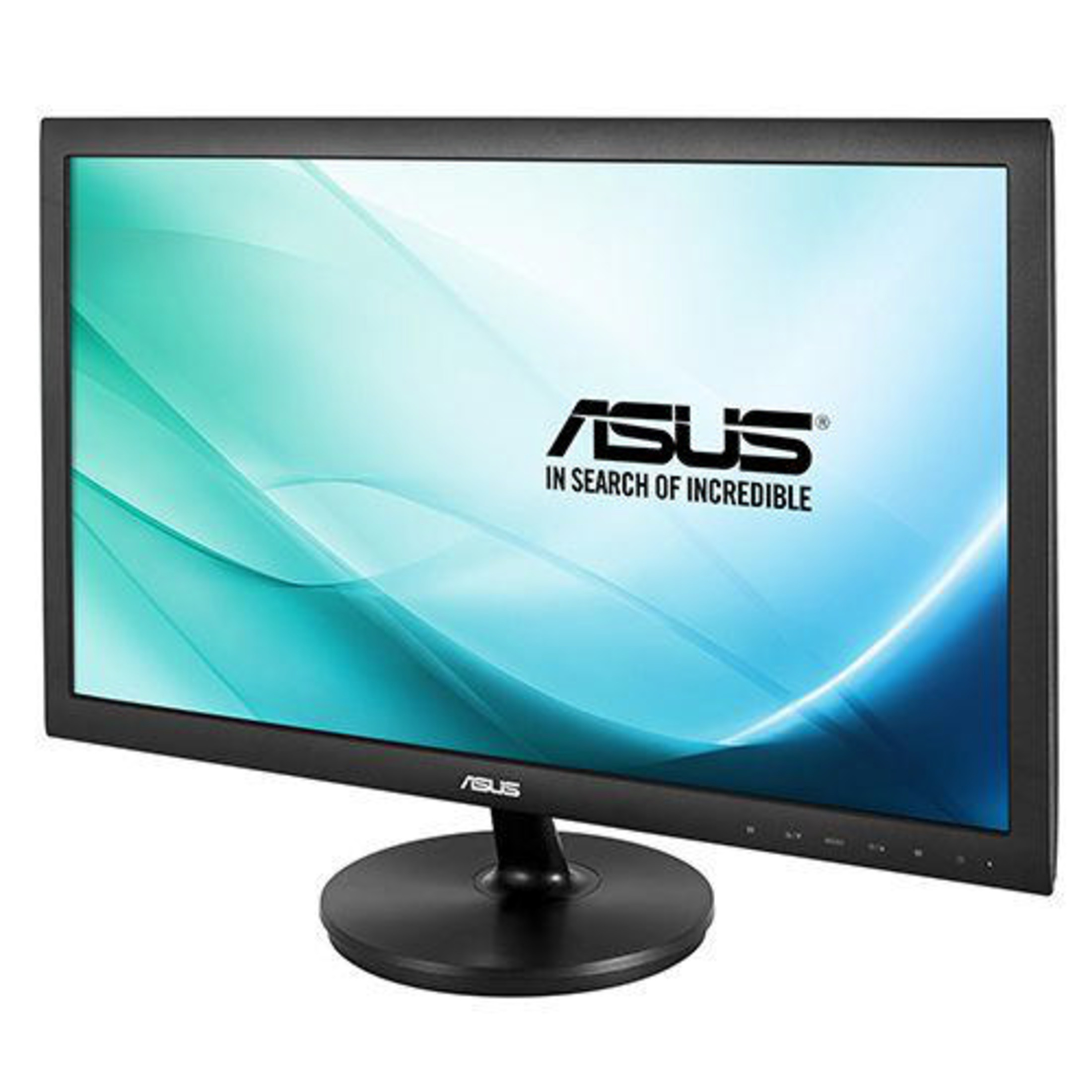 Un monitor ASUS nero con uno sfondo a onde blu-verdi.