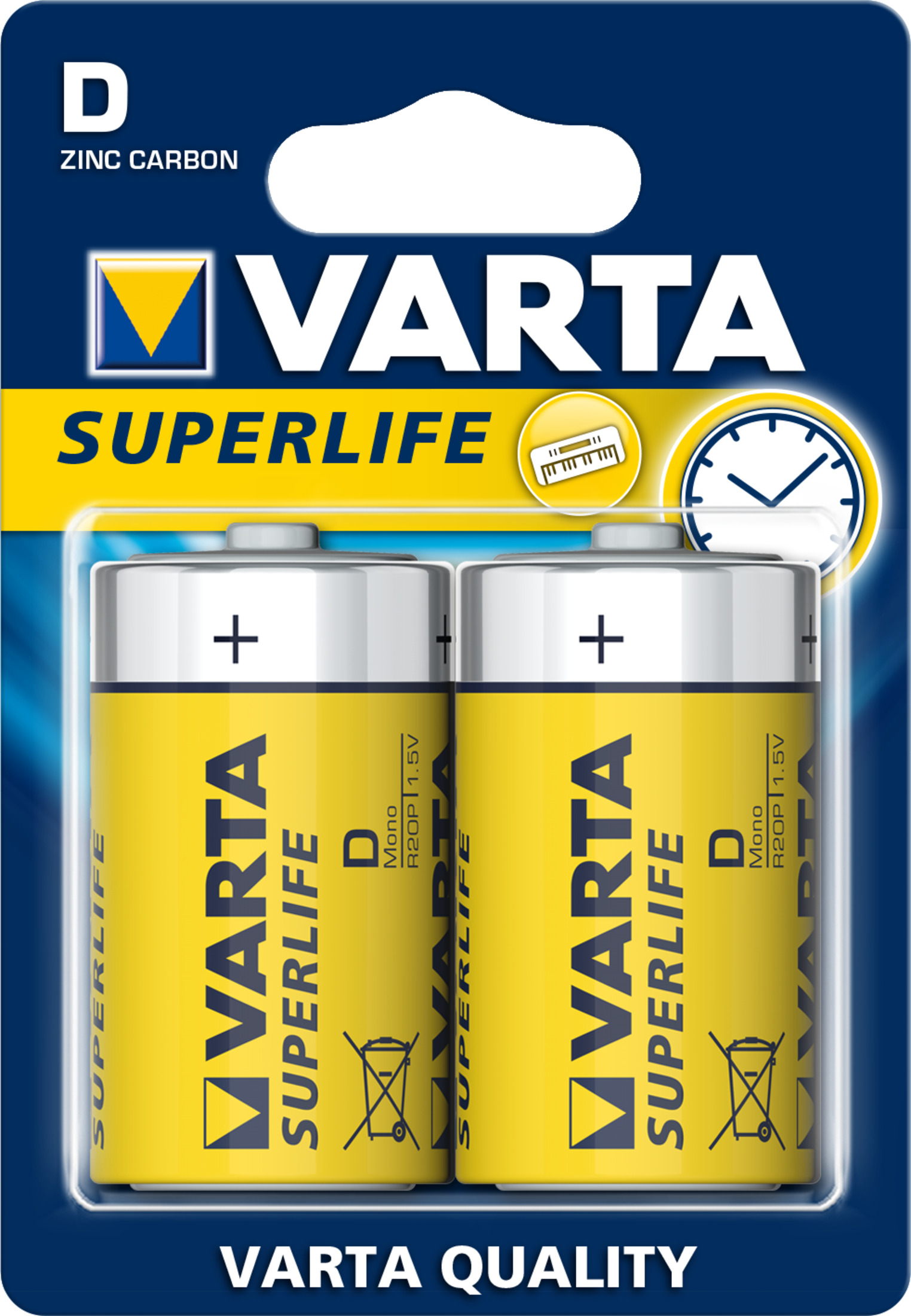 Due batterie Varta D Mono in confezione gialla con marchio.