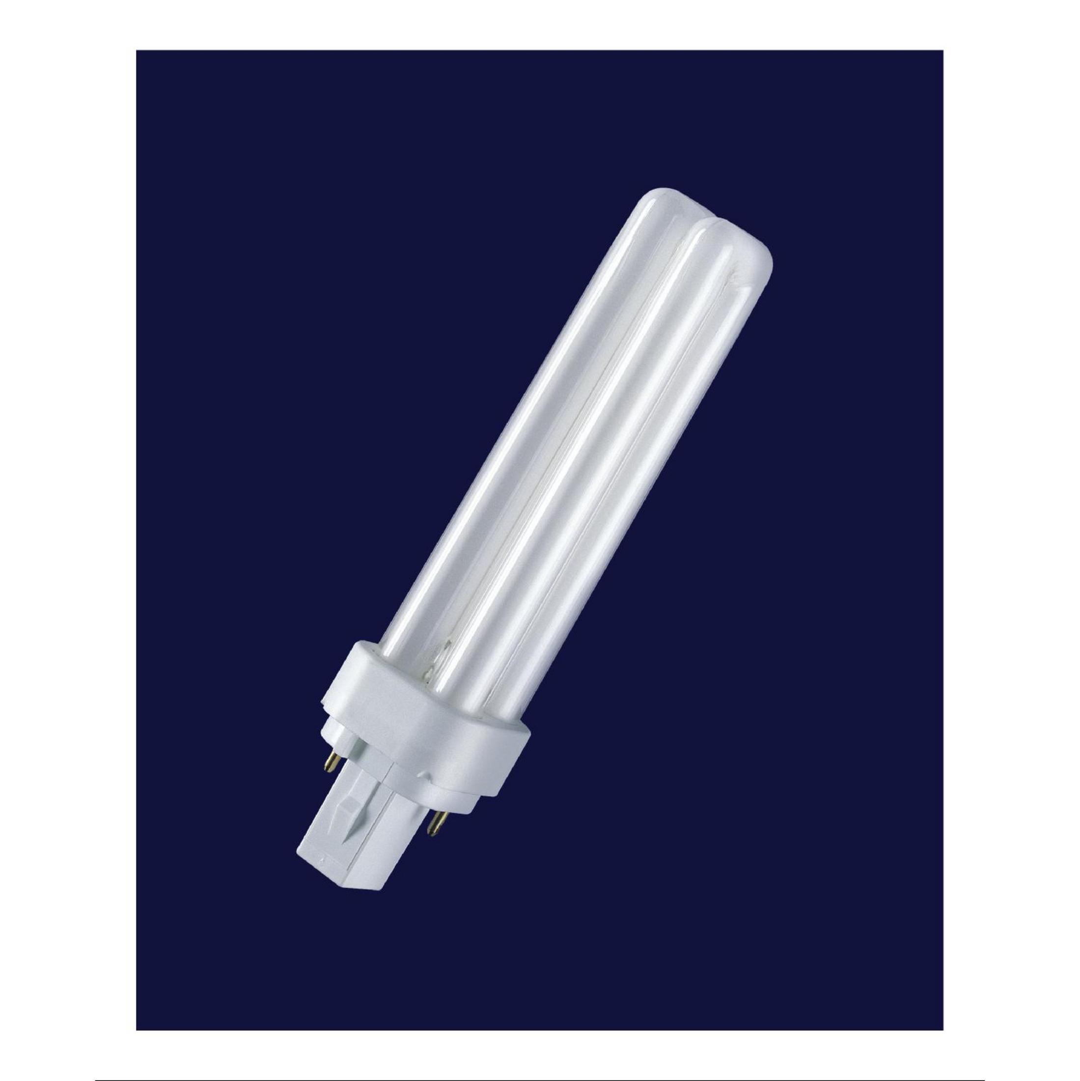 Biała lampa fluorescencyjna kompaktowa z czterema świetlówkami i podstawą.