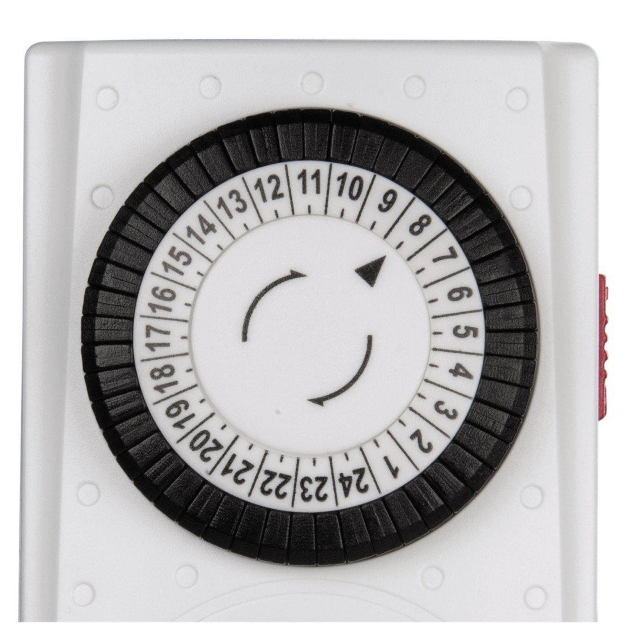 Ein weißer Timer mit einem schwarzen Zifferblatt von 1 bis 24.