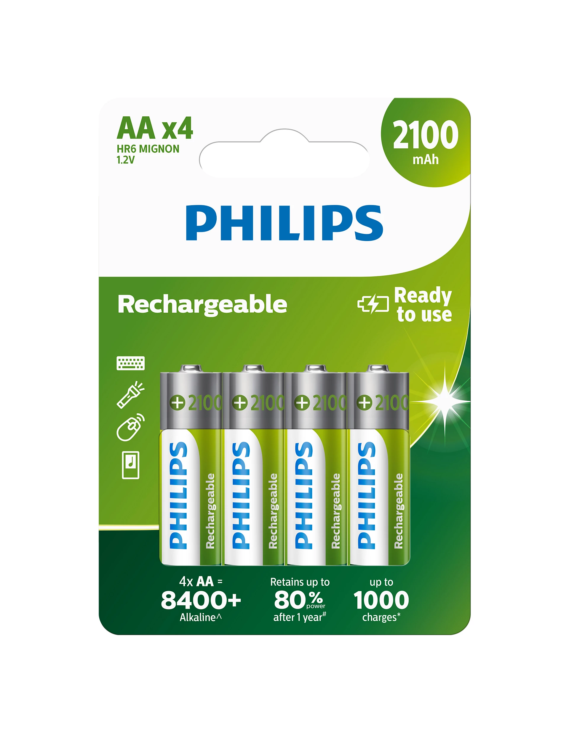 Quattro batterie ricaricabili Philips AA da 2100 mAh, pronte all'uso.