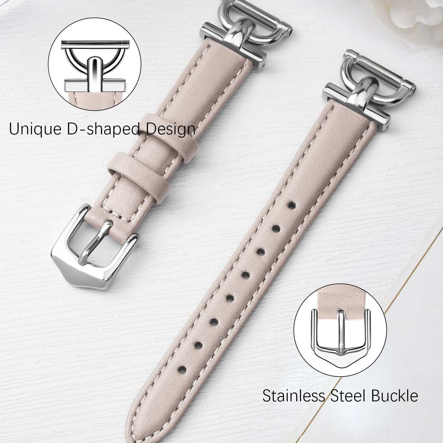 Ein hellbeiges Uhrenarmband aus Leder mit silbernen D-förmigen und Dornschließe.
