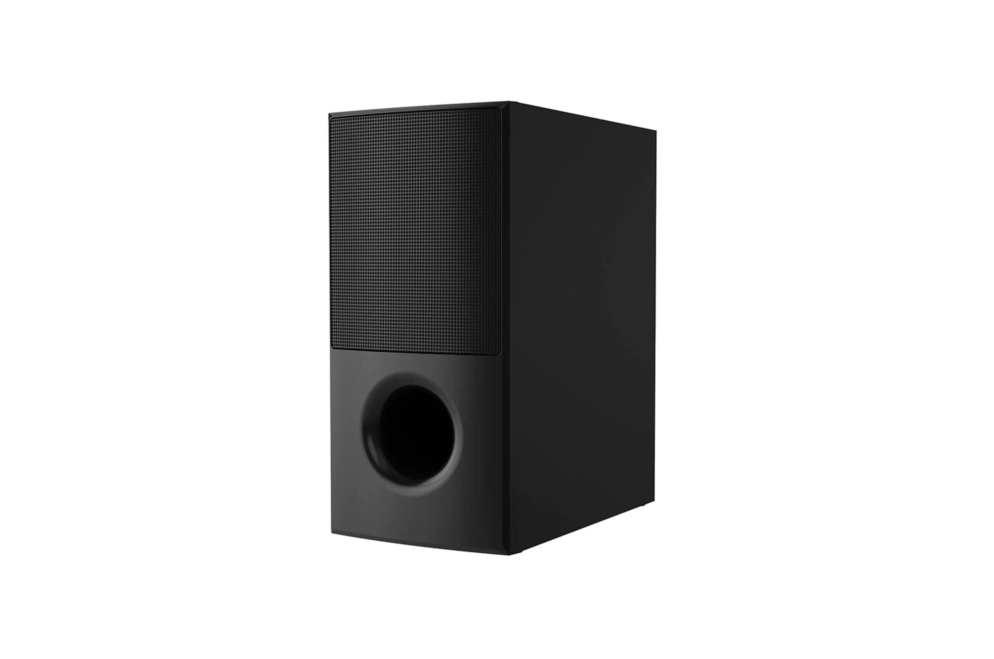 Izgaralı ve yuvarlak portlu siyah subwoofer.