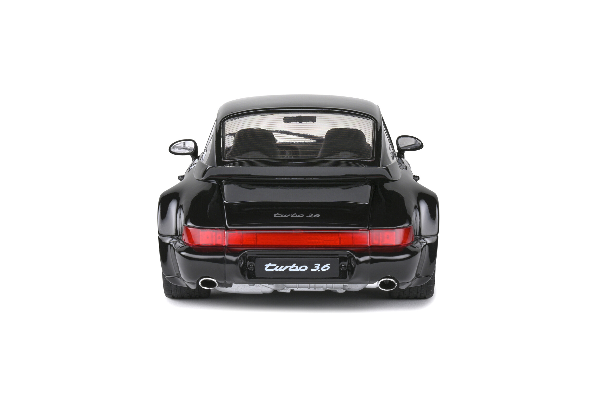 Schwarzer Porsche 911 Turbo 3.6 mit roten Rückleuchten, Ansicht von hinten.