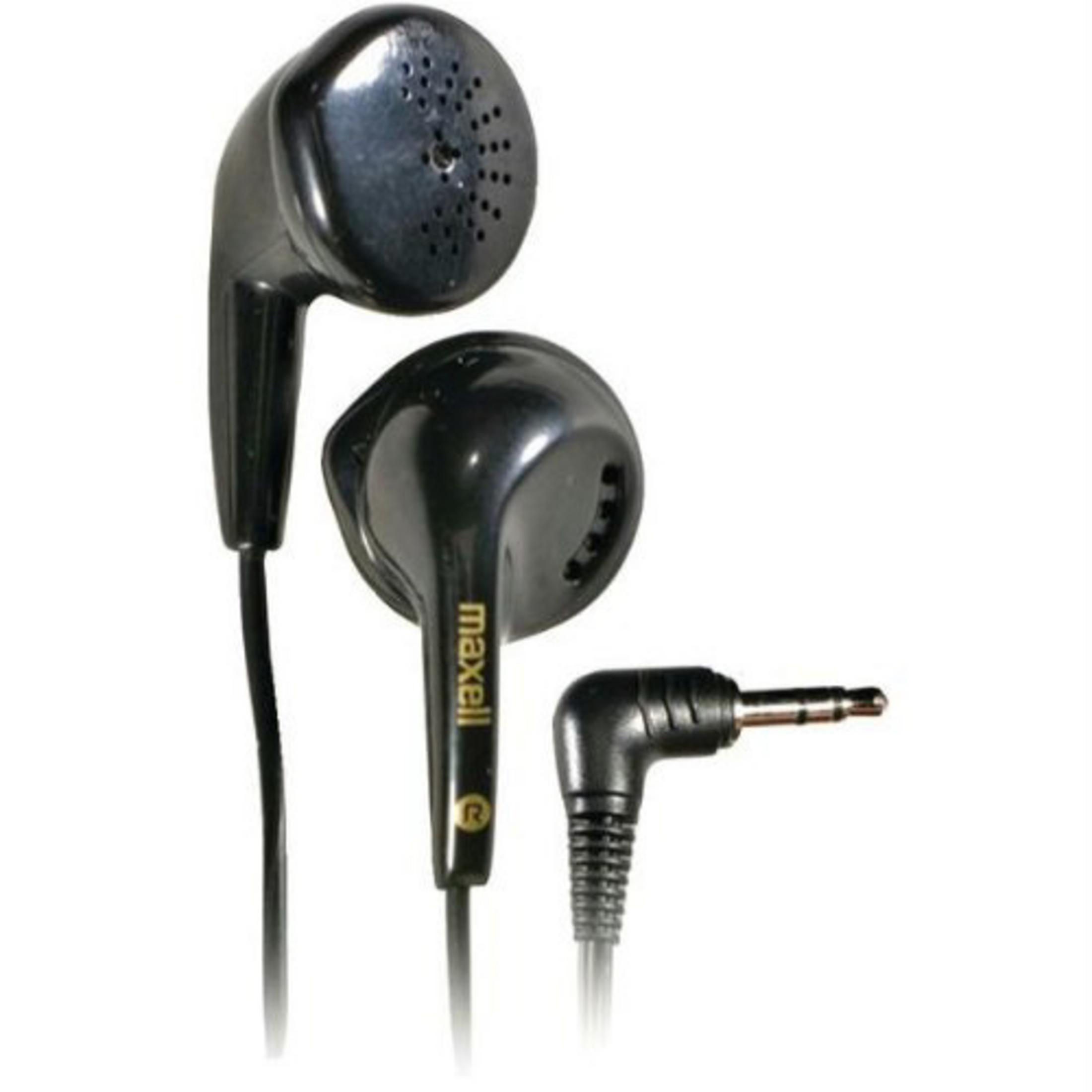 Auricolari neri Maxell con spina angolata e nome del marchio giallo.