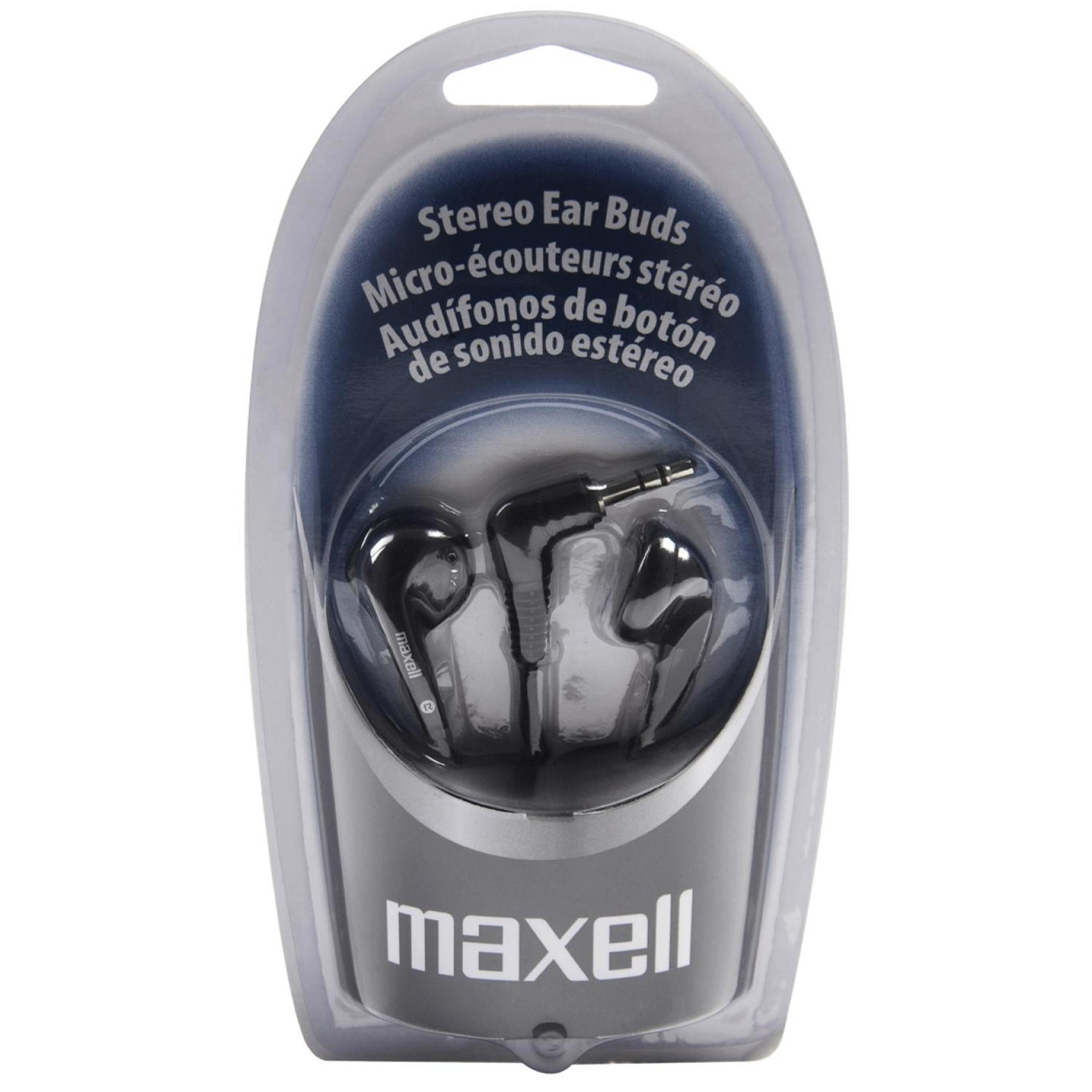 Auricolari stereo Maxell neri confezionati con cavo e spina.