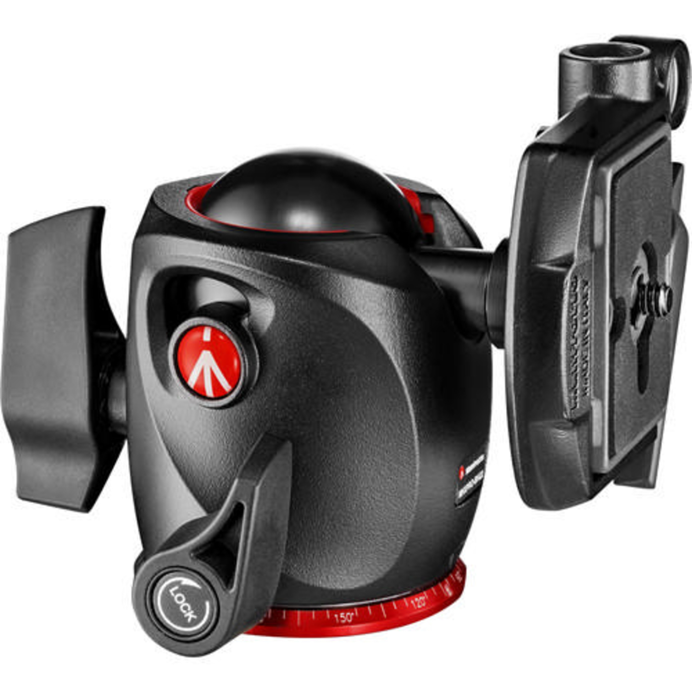 A black camera head with red markings and a 'LOCK' lever.