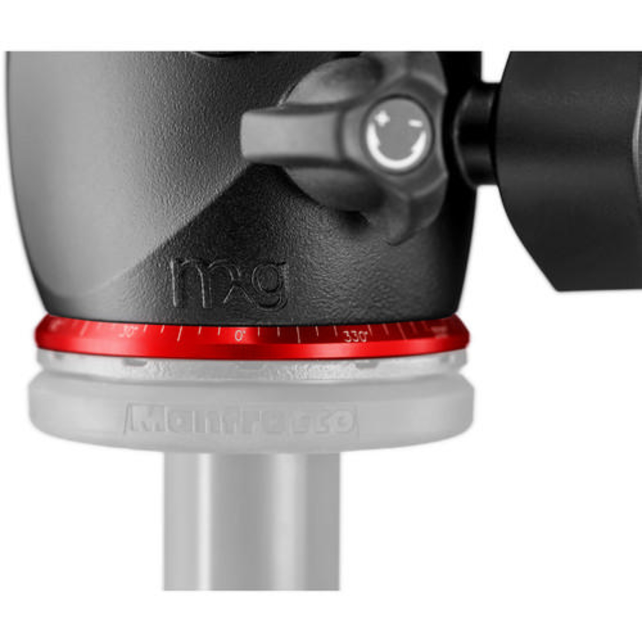 Close-up of a black tripod head with a red ring and degree markings.