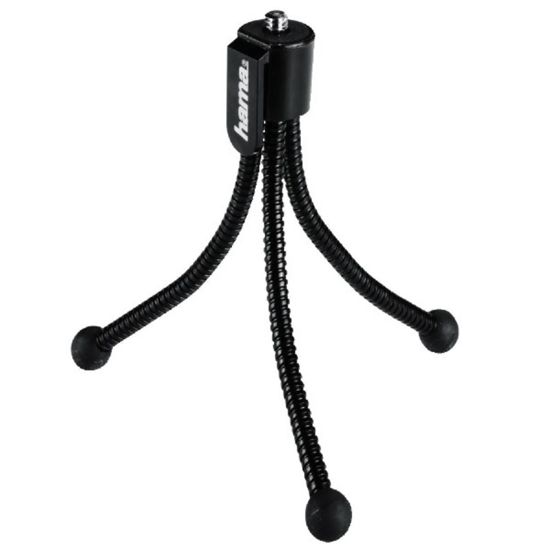 Un trípode flexible Hama negro con tres patas flexibles y pies de bola.