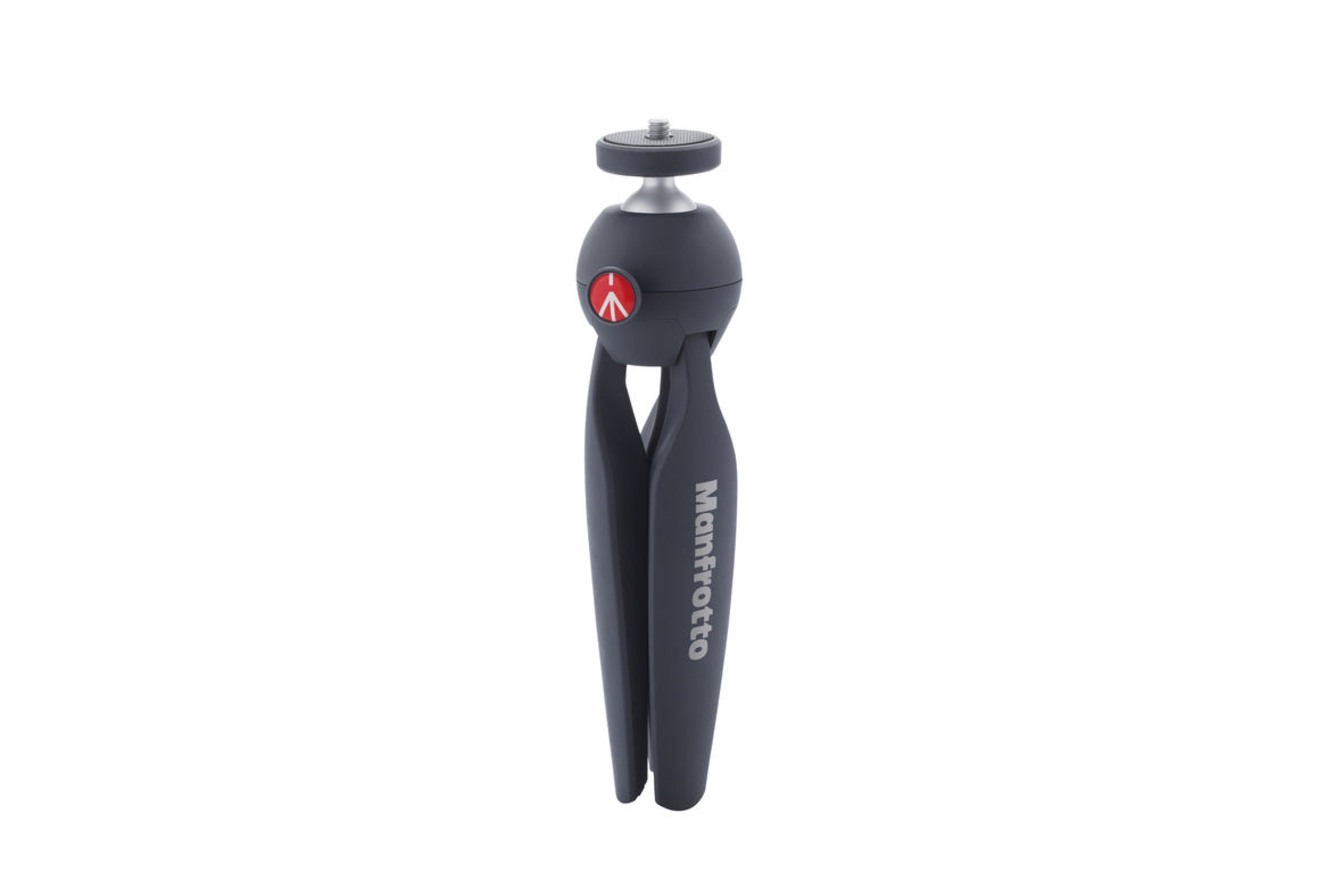 Un mini trípode Manfrotto gris con logo rojo sobre fondo blanco.