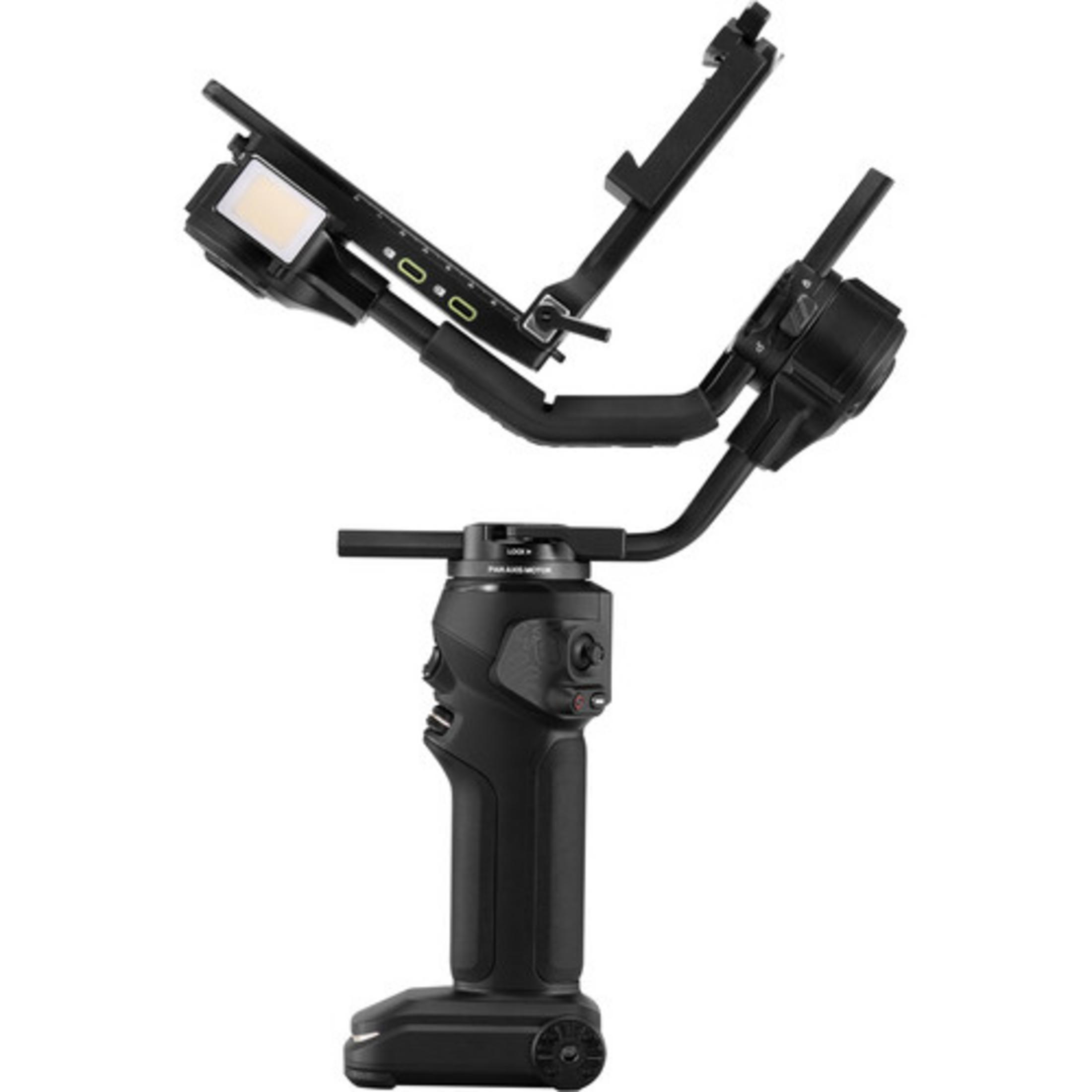 Schwarzer Gimbal mit Griff, Gelenkarmen und einer Lampe.