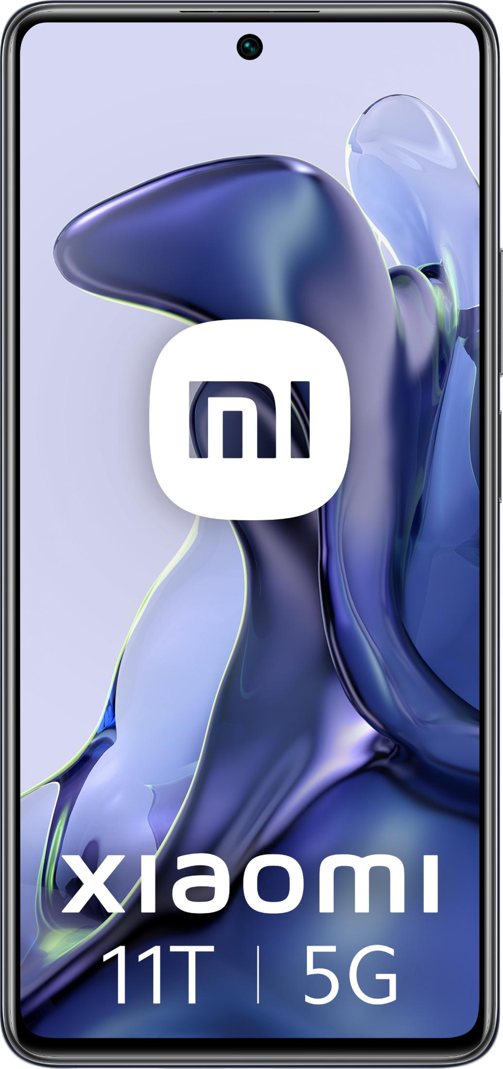 Xiaomi 11T 5G smartphone met Mi-logo en abstracte blauwe achtergrond.