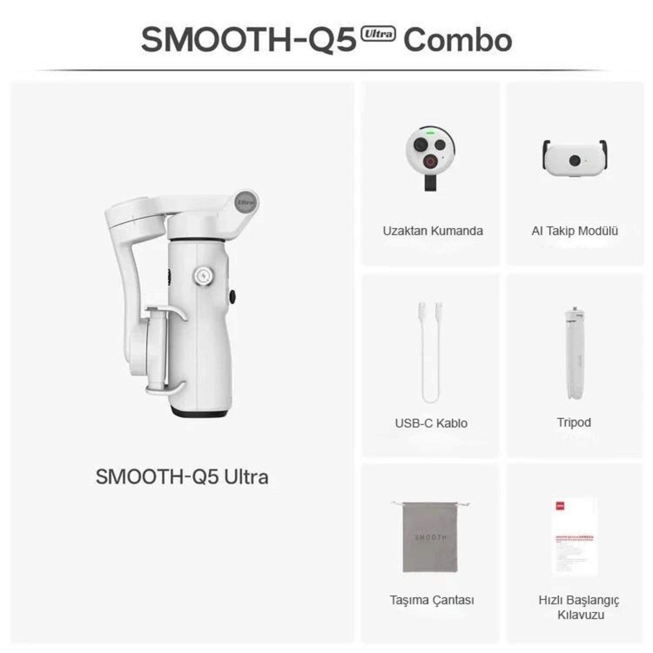 Weißer Gimbal SMOOTH-Q5 Ultra mit Zubehör: Fernbedienung, KI-Modul, Kabel, Stativ, Tasche.