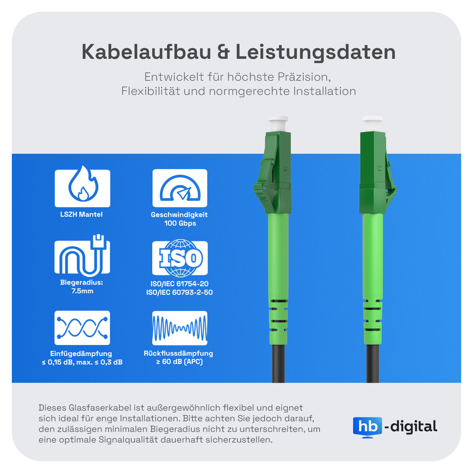 Zwei grüne Glasfaserkabelstecker mit blauen Icons für Spezifikationen.