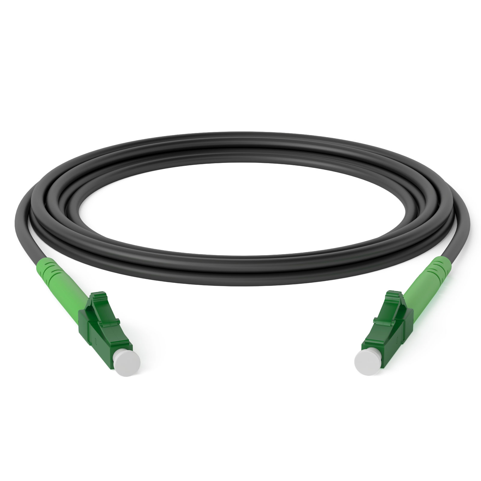 Schwarzes Kabel mit grünen Steckern und weißen Kappen, auf weißem Hintergrund.