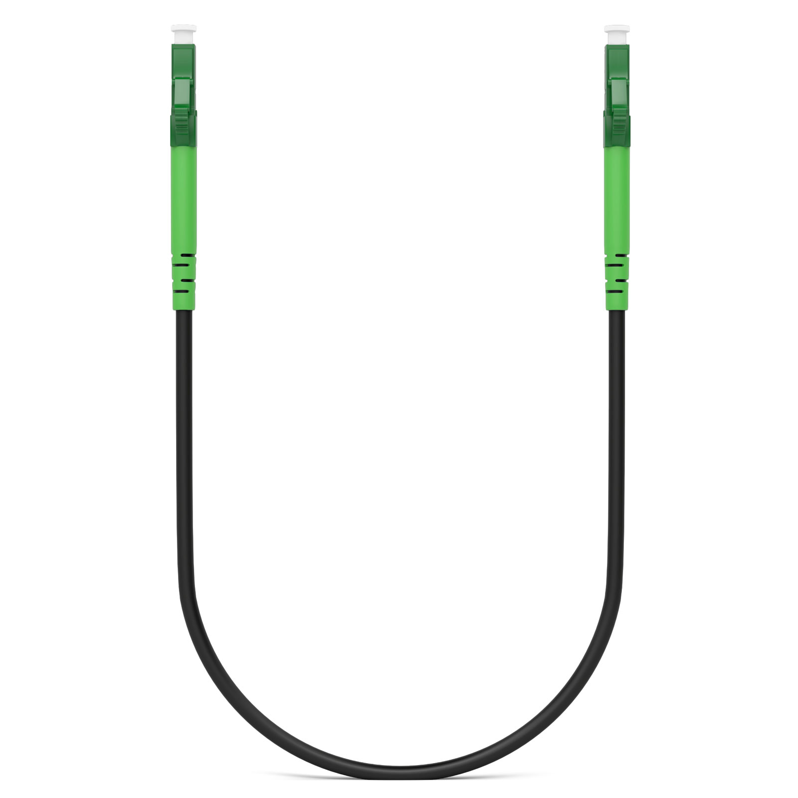 Ein schwarzes Kabel mit grünen Steckern, das wie ein U geformt ist.