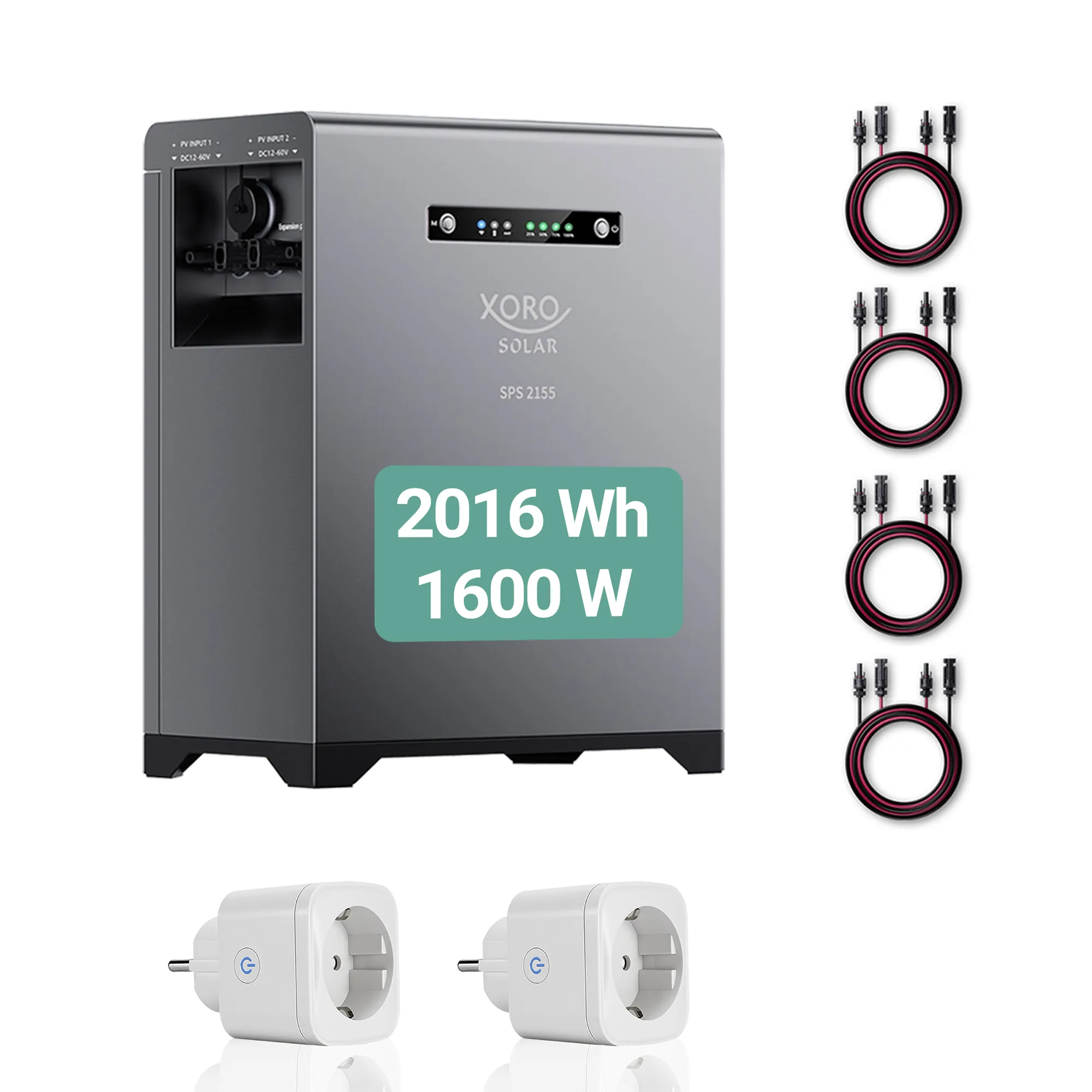 Grauer Wechselrichter mit Kabeln und Steckern, 2016 Wh 1600 W.