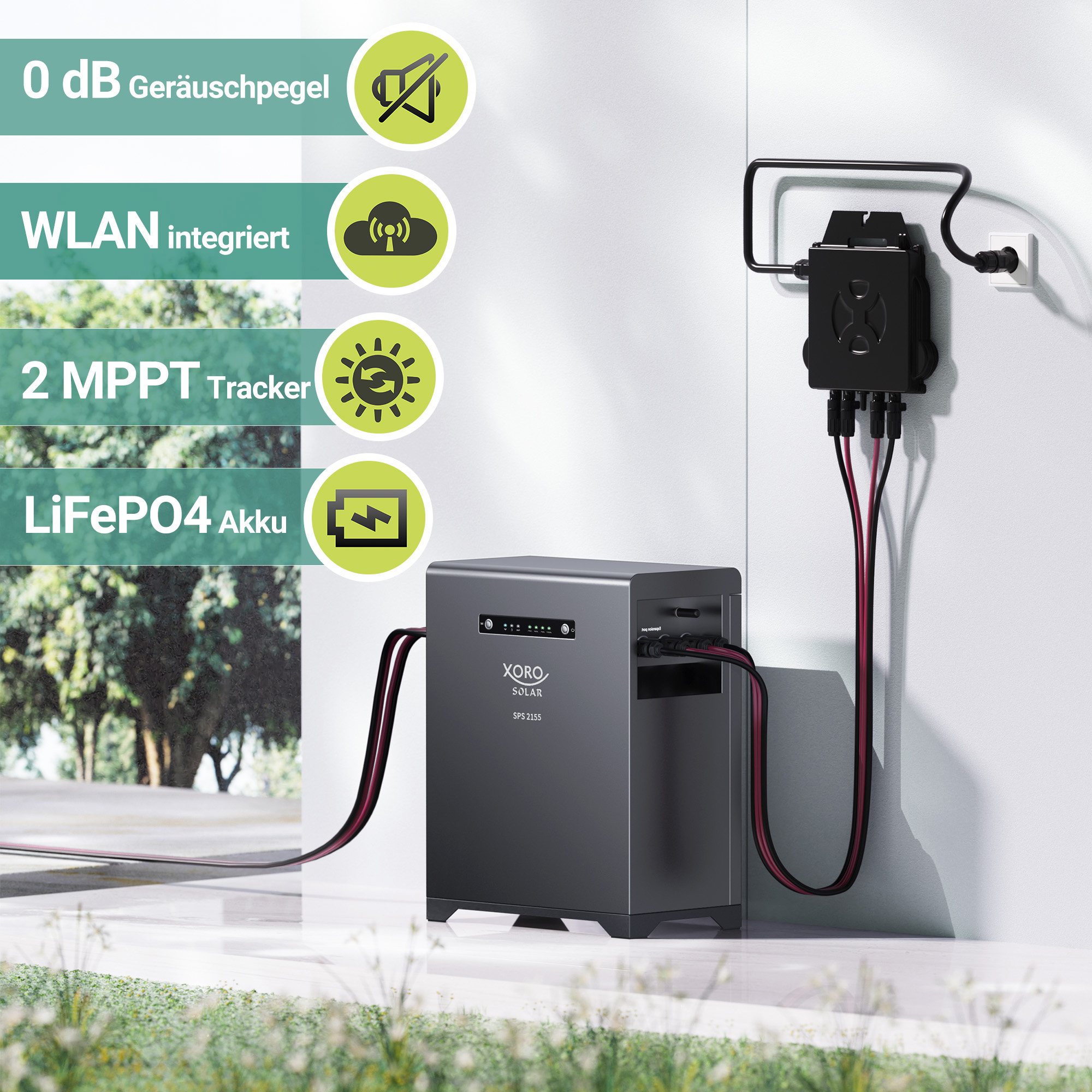 Ein Xoro Solar SPS 2155 mit Kabeln, verbunden mit Wandmontageeinheit.