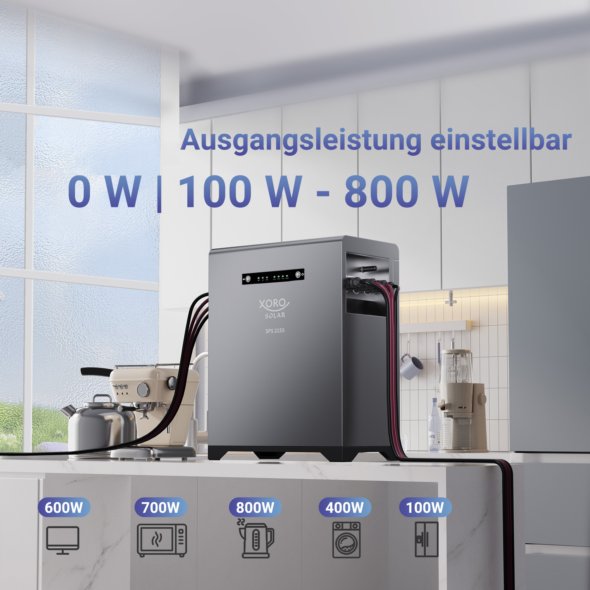 Ein XORO Solar Kraftwerk steht in einer Küche mit einstellbarer Leistung von 0-800W.