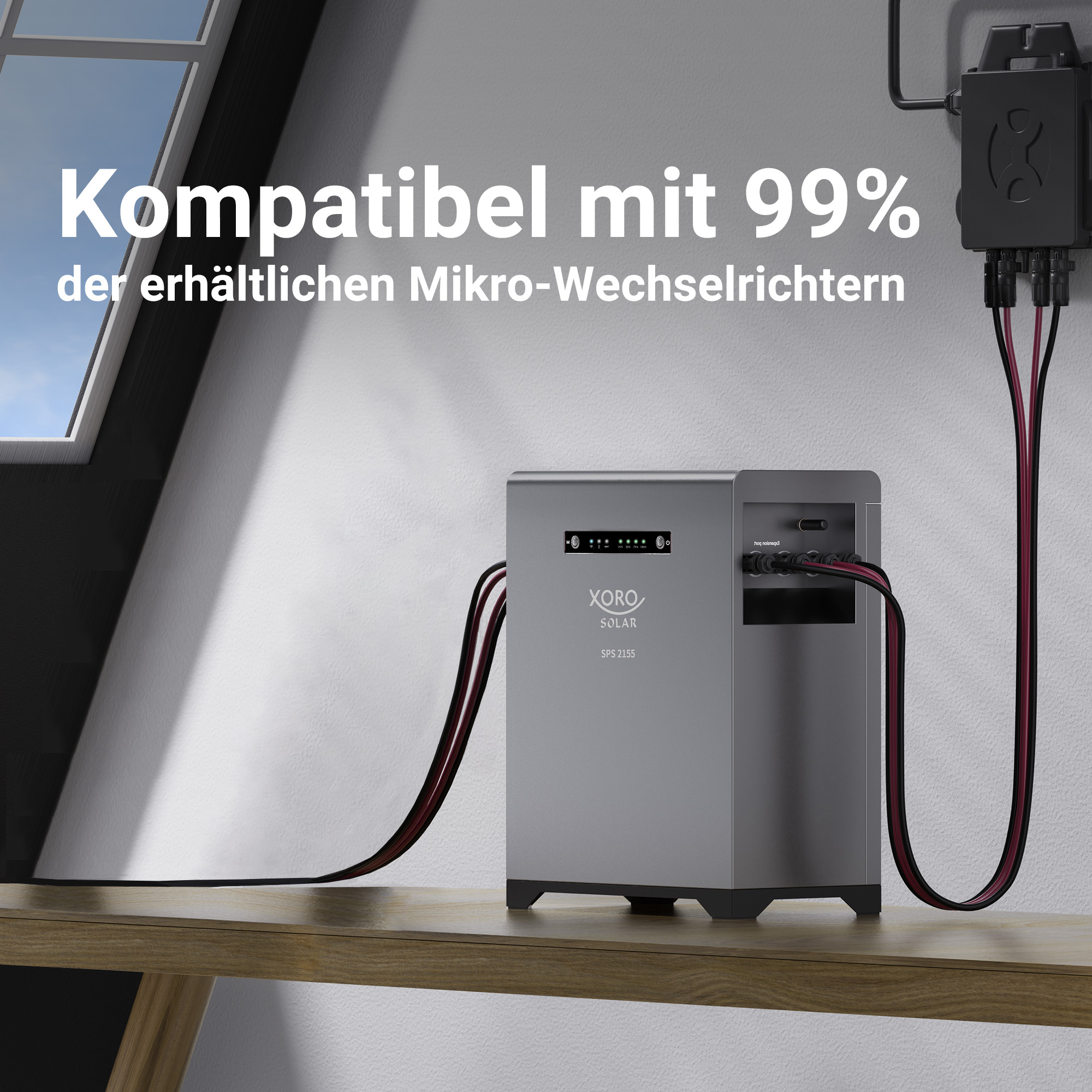 Grauer Solarkonverter SPS 2155 von Xoro mit Kabeln, kompatibel mit 99% der Wechselrichter.