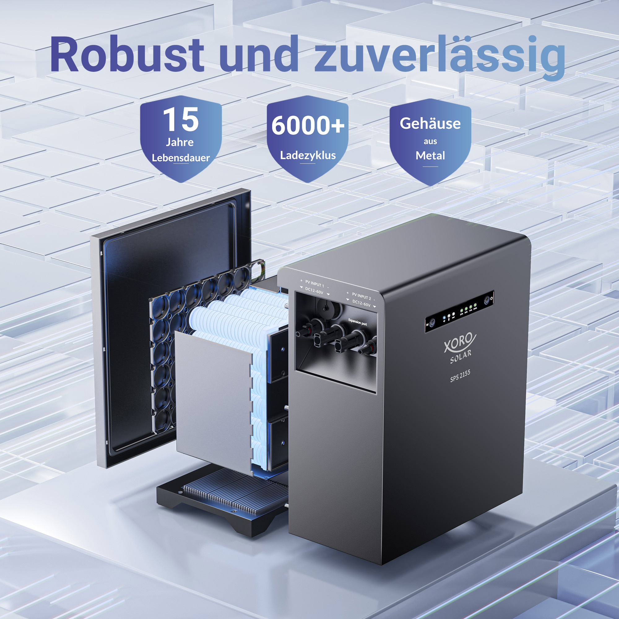 Ein Solarmodul-Wechselrichter mit den Merkmalen 15 Jahre Lebensdauer, 6000+ Ladezyklen und Metallgehäuse.