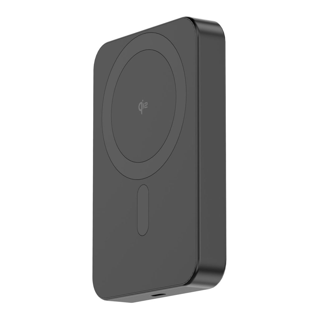 Caricatore wireless nero con logo Qi e porta USB-C.