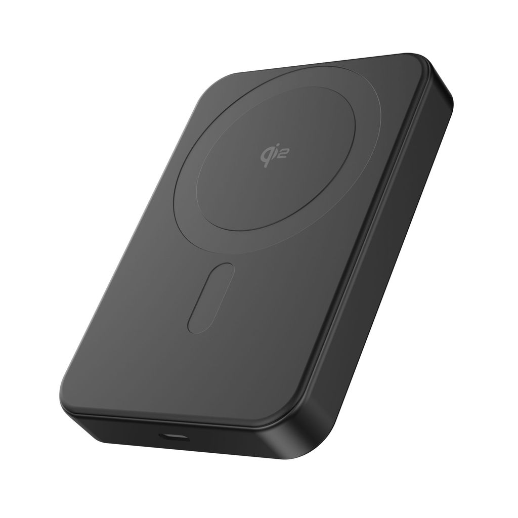 Caricatore wireless nero con logo Qi su sfondo bianco.