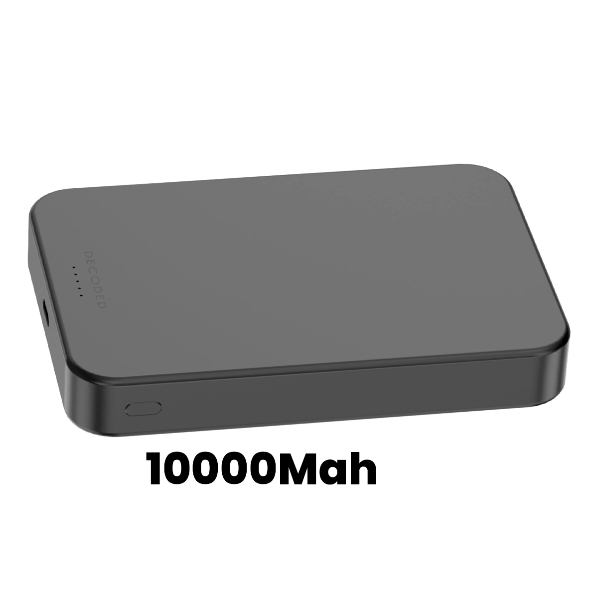 Power bank grigia da 10000mAh con logo "DECODER", su sfondo bianco.