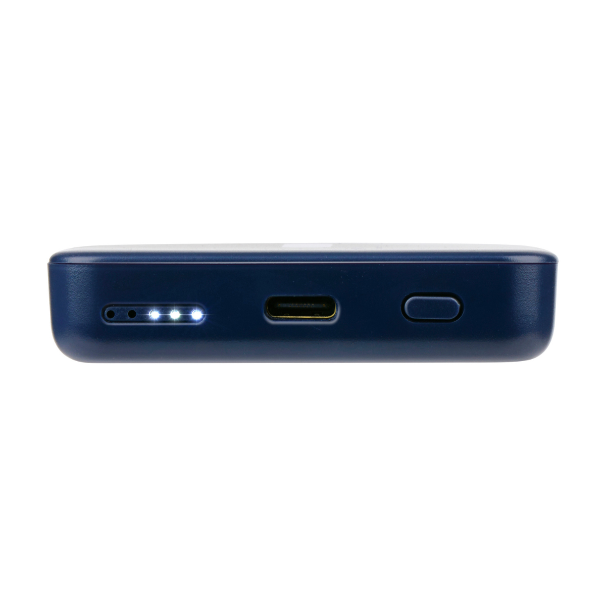 Batterie externe bleu foncé avec port USB-C, quatre lumières et un bouton.