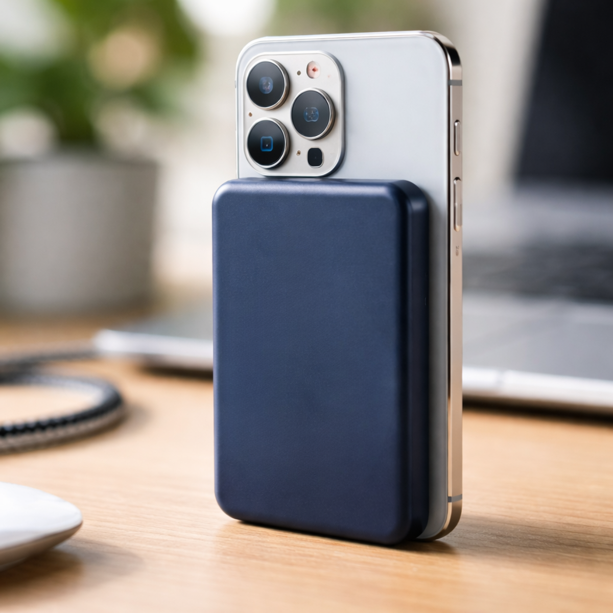 Smartphone argenté avec coque bleue et module caméra sur table en bois.