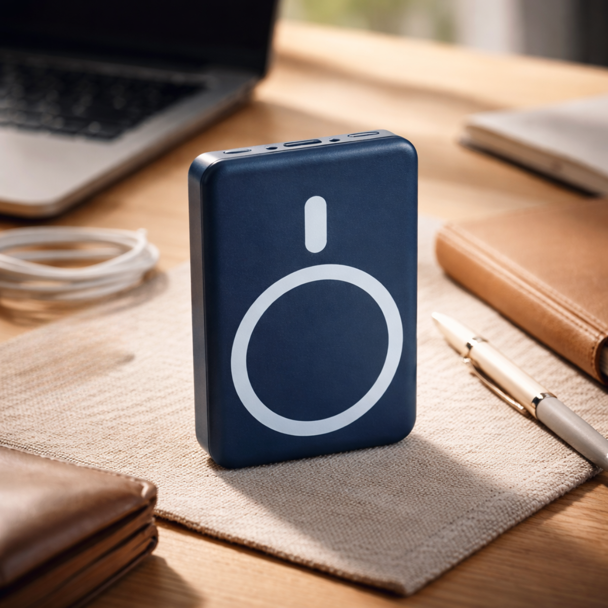 Batterie externe bleu foncé avec logo cercle blanc sur un bureau en bois.