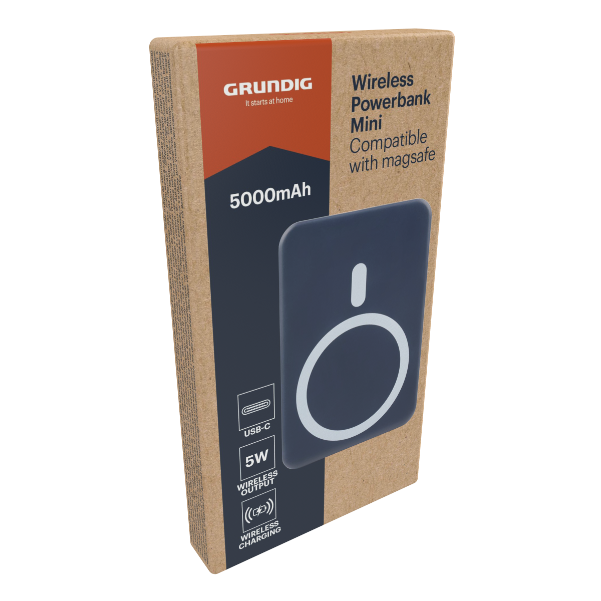 Powerbank Grundig Mini MagSafe, 5000mAh, USB-C, Sortie Sans Fil 5W.