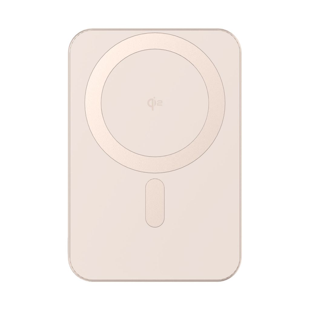 Een lichtroze draadloze oplader met Qi-logo en ovale uitsparing.