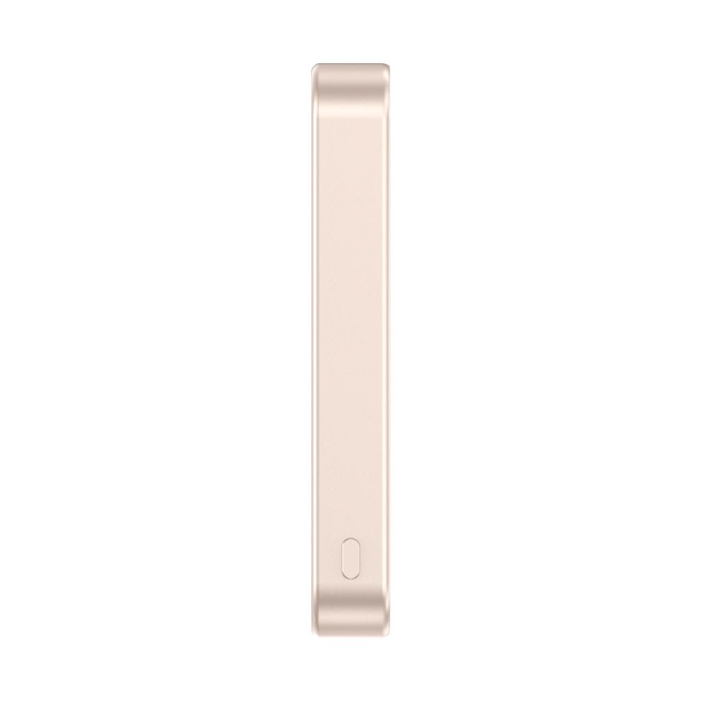 Een slanke, roségouden oplaadcase met een klein ovaal gat aan de zijkant.