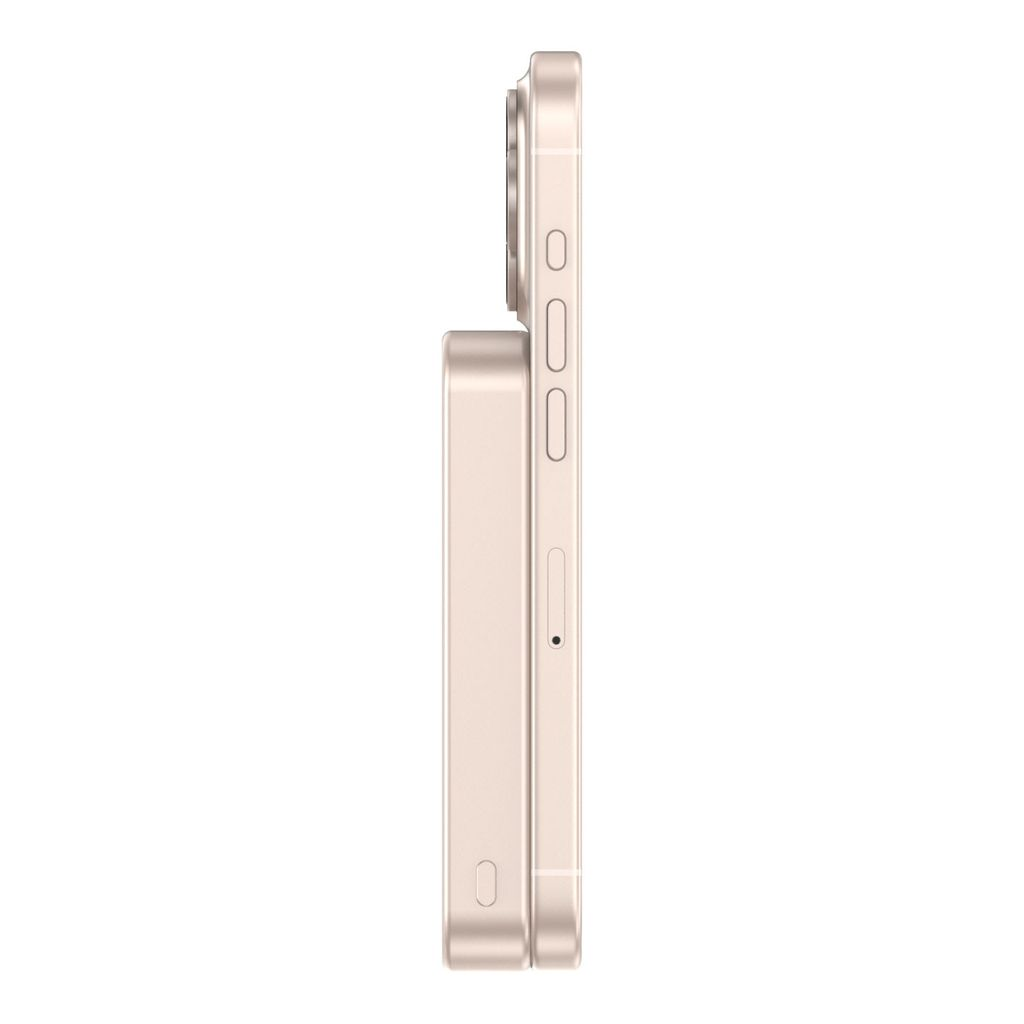 Een roségouden smartphone van de zijkant op witte achtergrond.