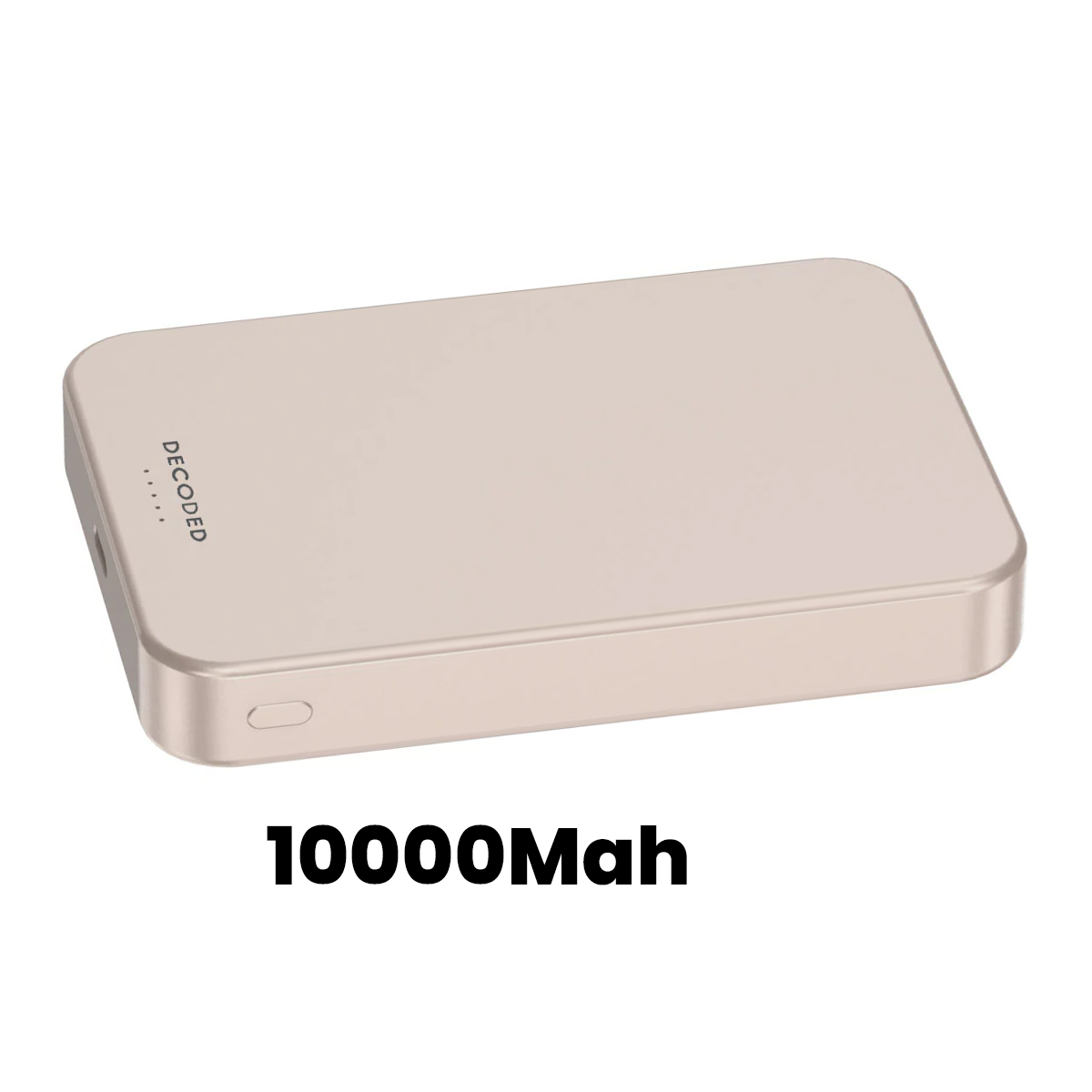 Een gouden 10000mAh powerbank met het DECODED logo.